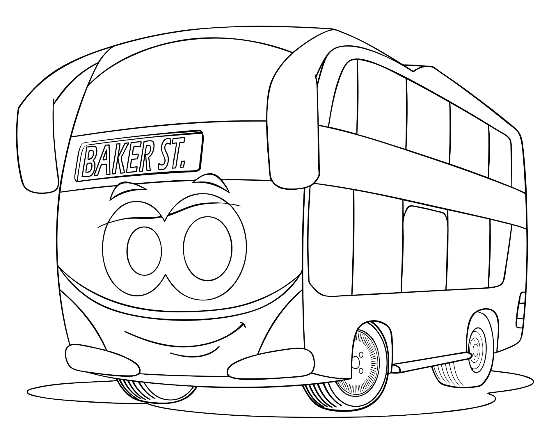 Ausmalbild Bus mit freundlichem Gesicht und Ziel Baker Street