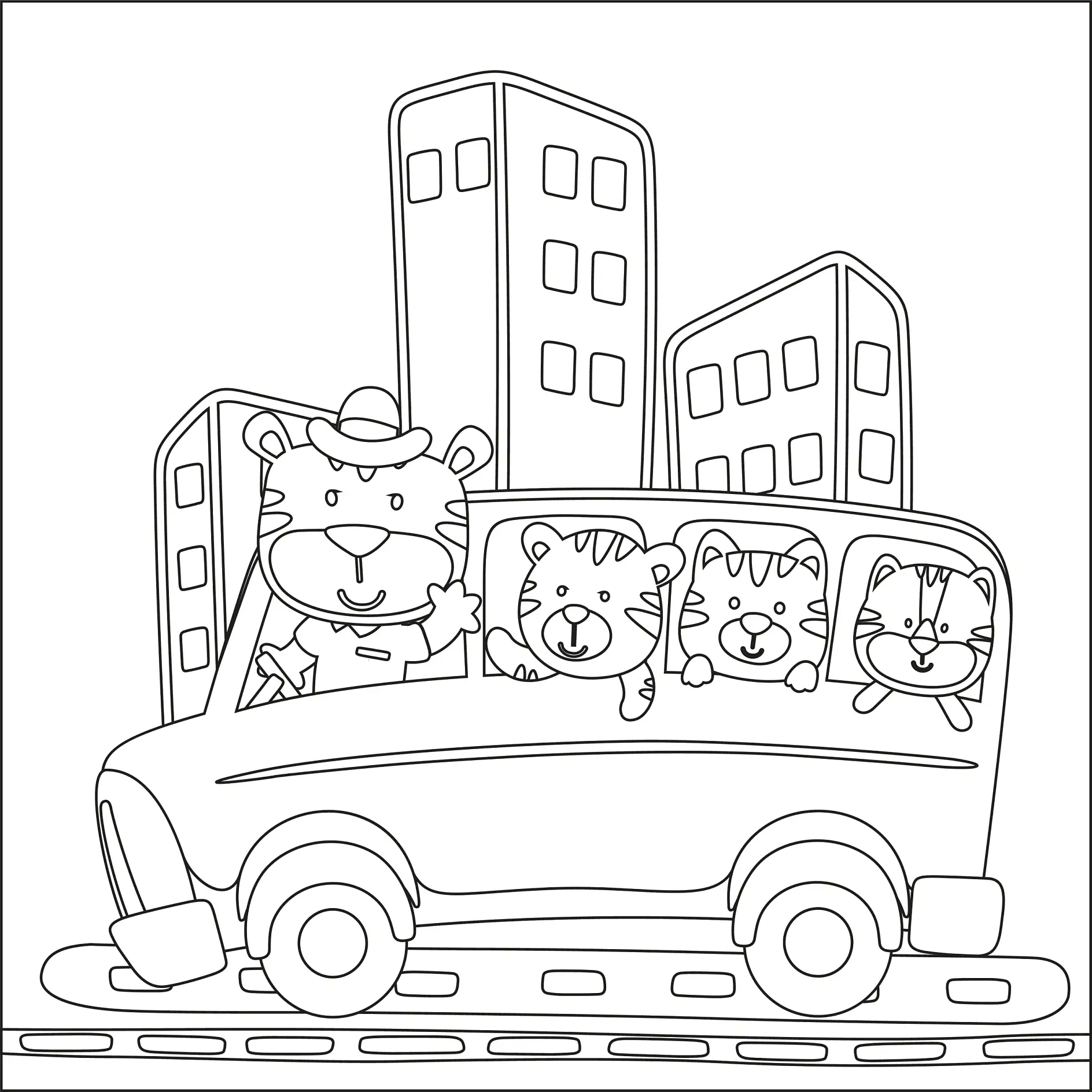Ausmalbild Bus mit Tieren als Passagiere in der Stadt
