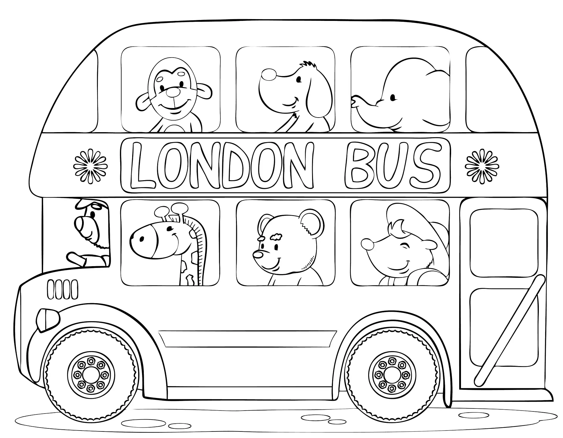 Ausmalbild Bus mit Tieren als Passagiere