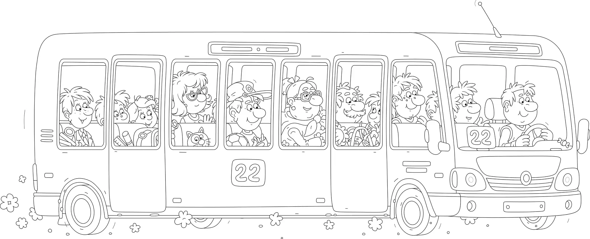 Ausmalbild Bus mit vielen fröhlichen Passagieren
