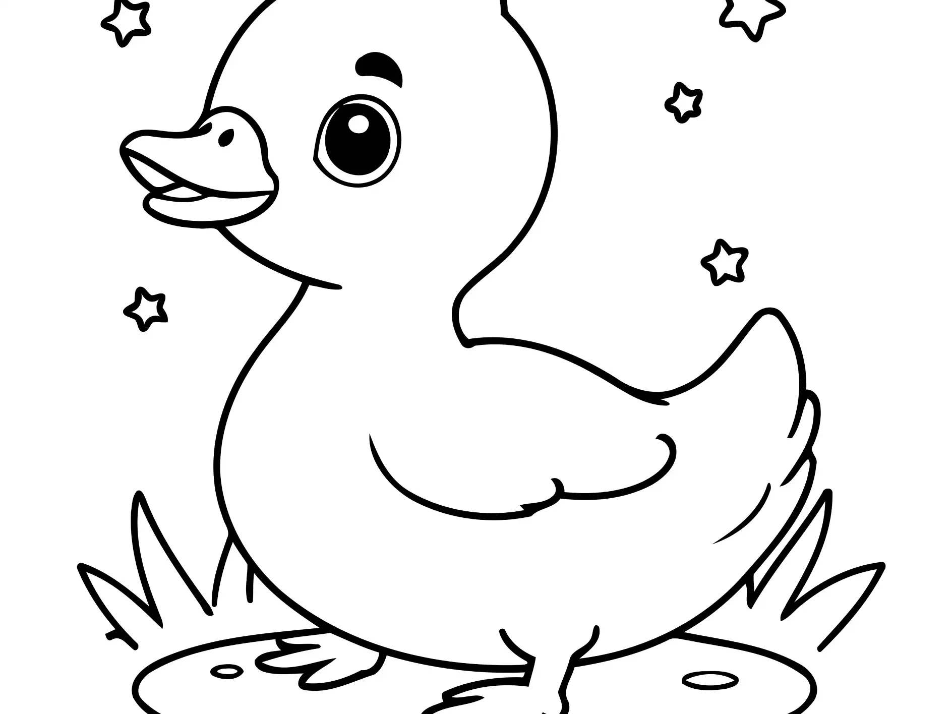 Ausmalbild Ente auf einer Wiese mit Sternen im Hintergrund