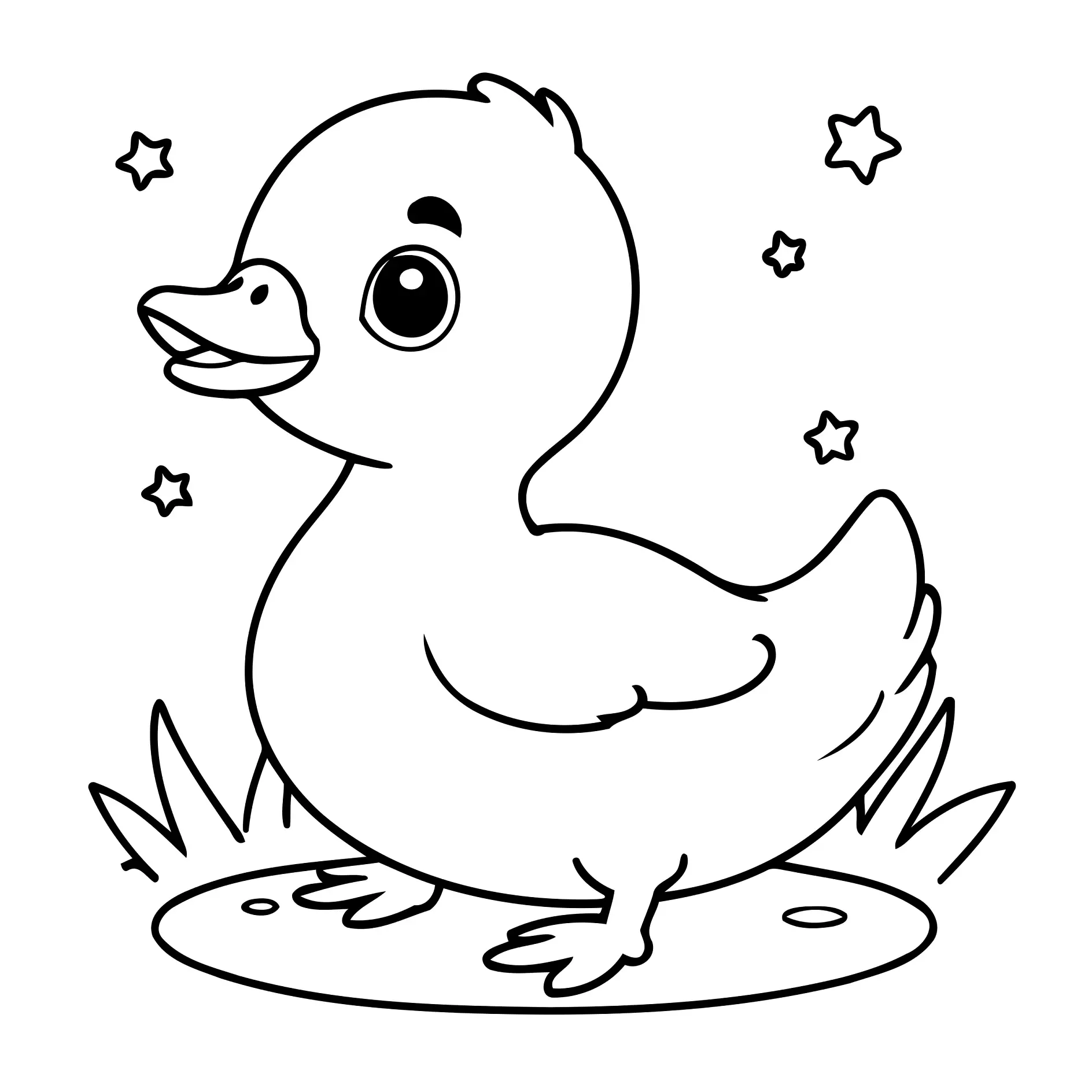 Ausmalbild Ente auf einer Wiese mit Sternen im Hintergrund