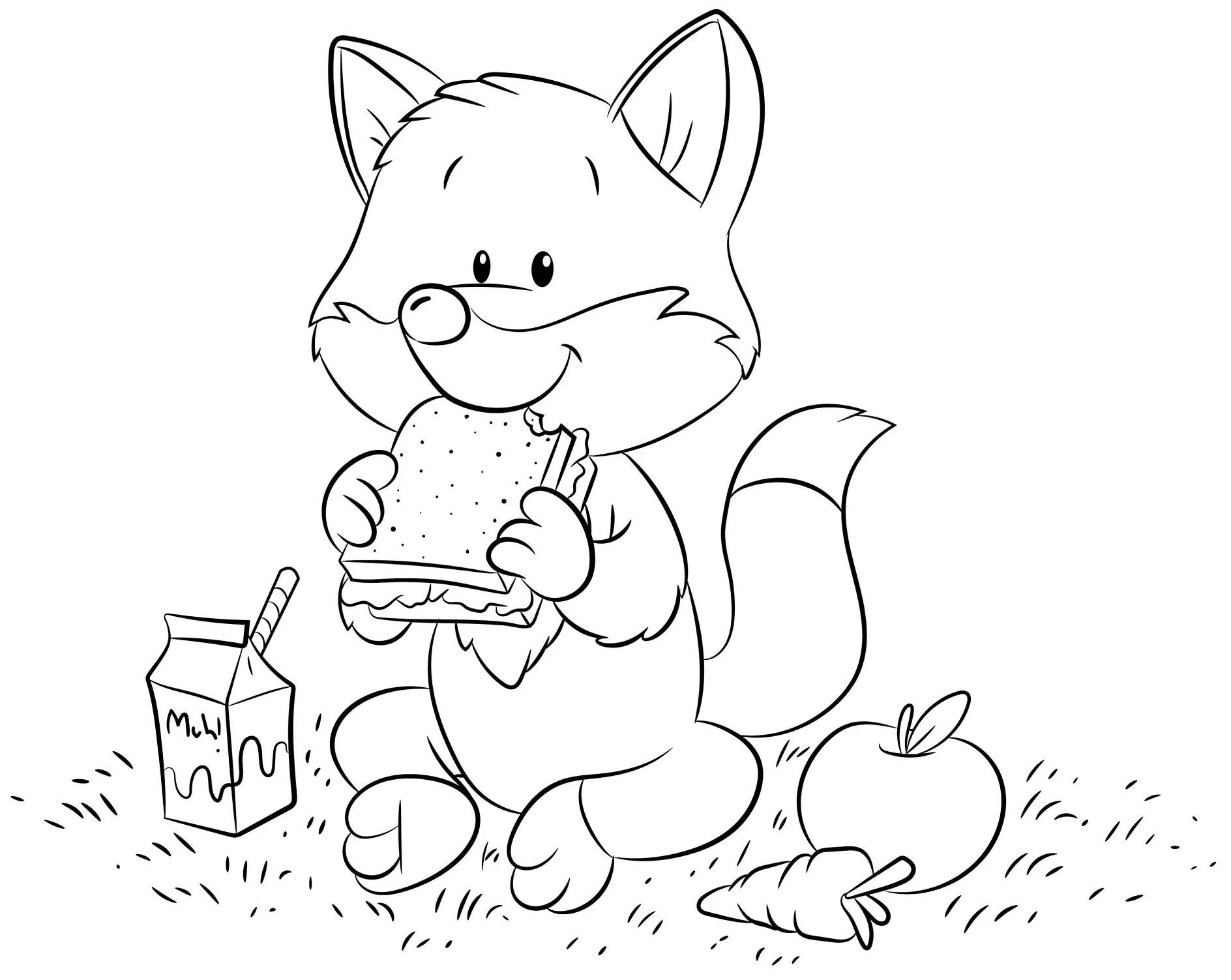 Ausmalbild Fuchs isst Sandwich sitzend auf Wiese