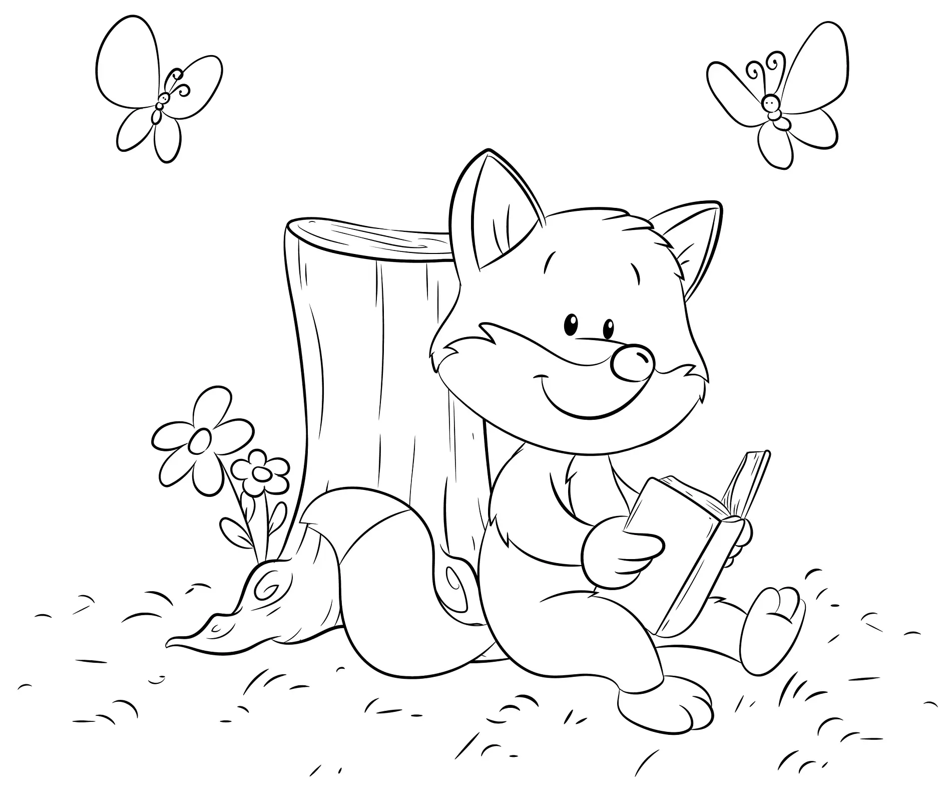 Ausmalbild Fuchs sitzt und liest Buch neben Baumstumpf