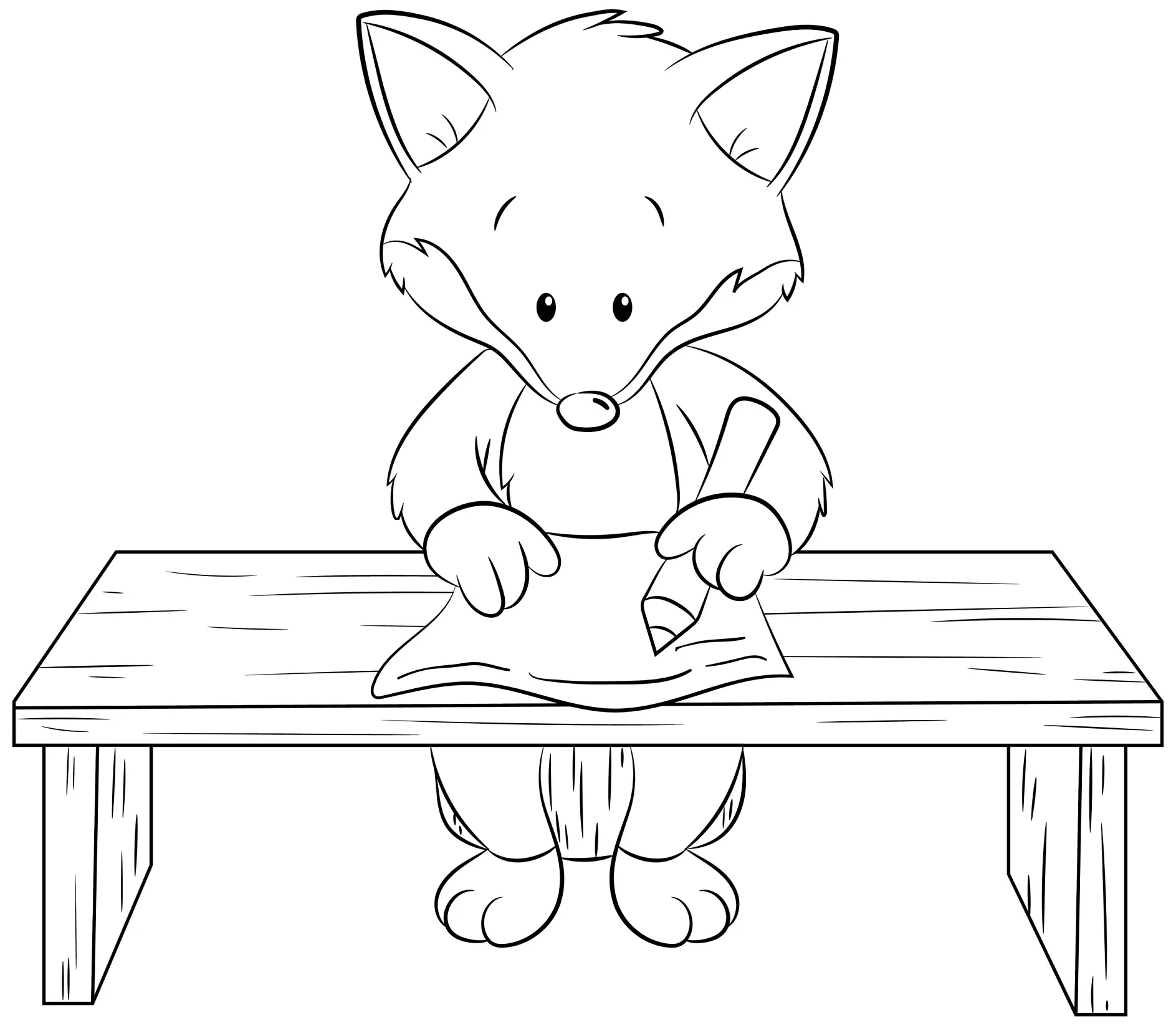 Ausmalbild Fuchs sitzt und malt an Tisch