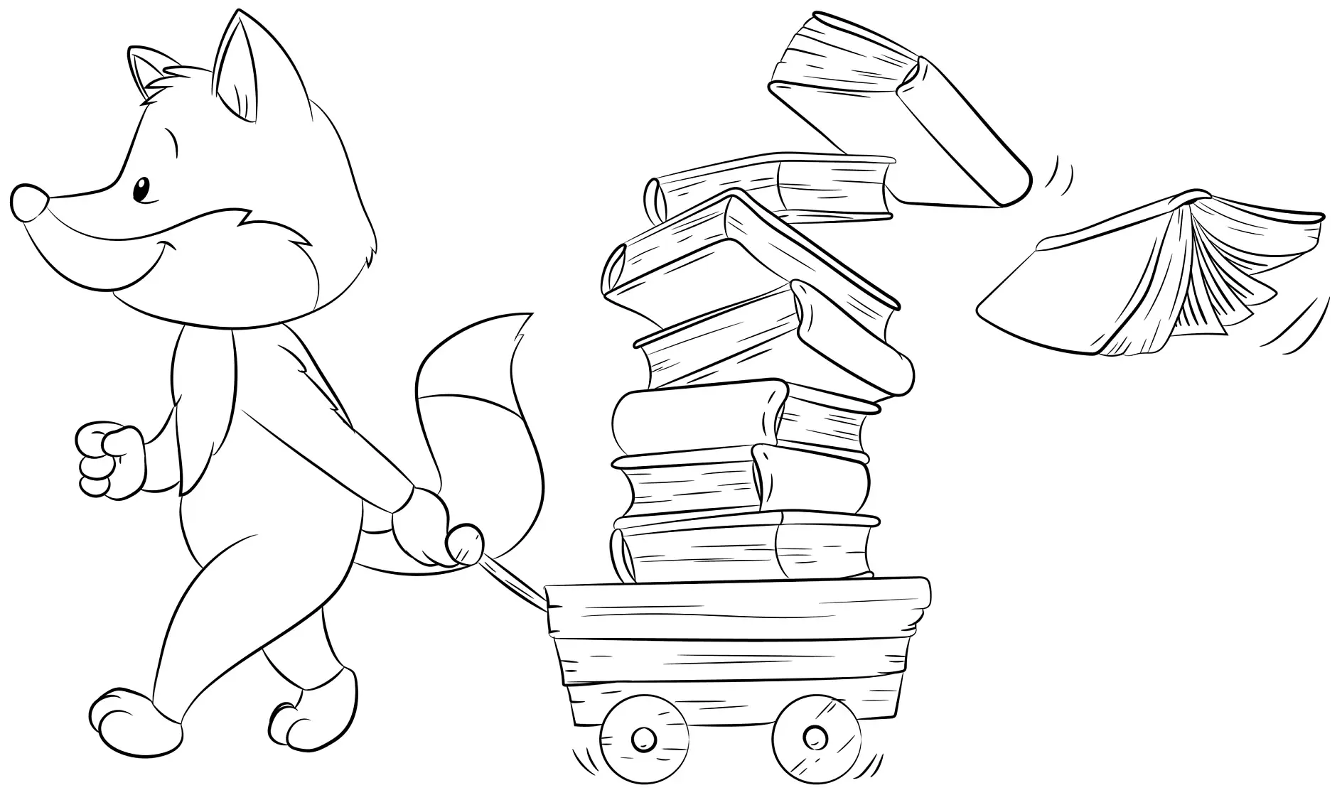 Ausmalbild Fuchs zieht Wagen voller Bücher