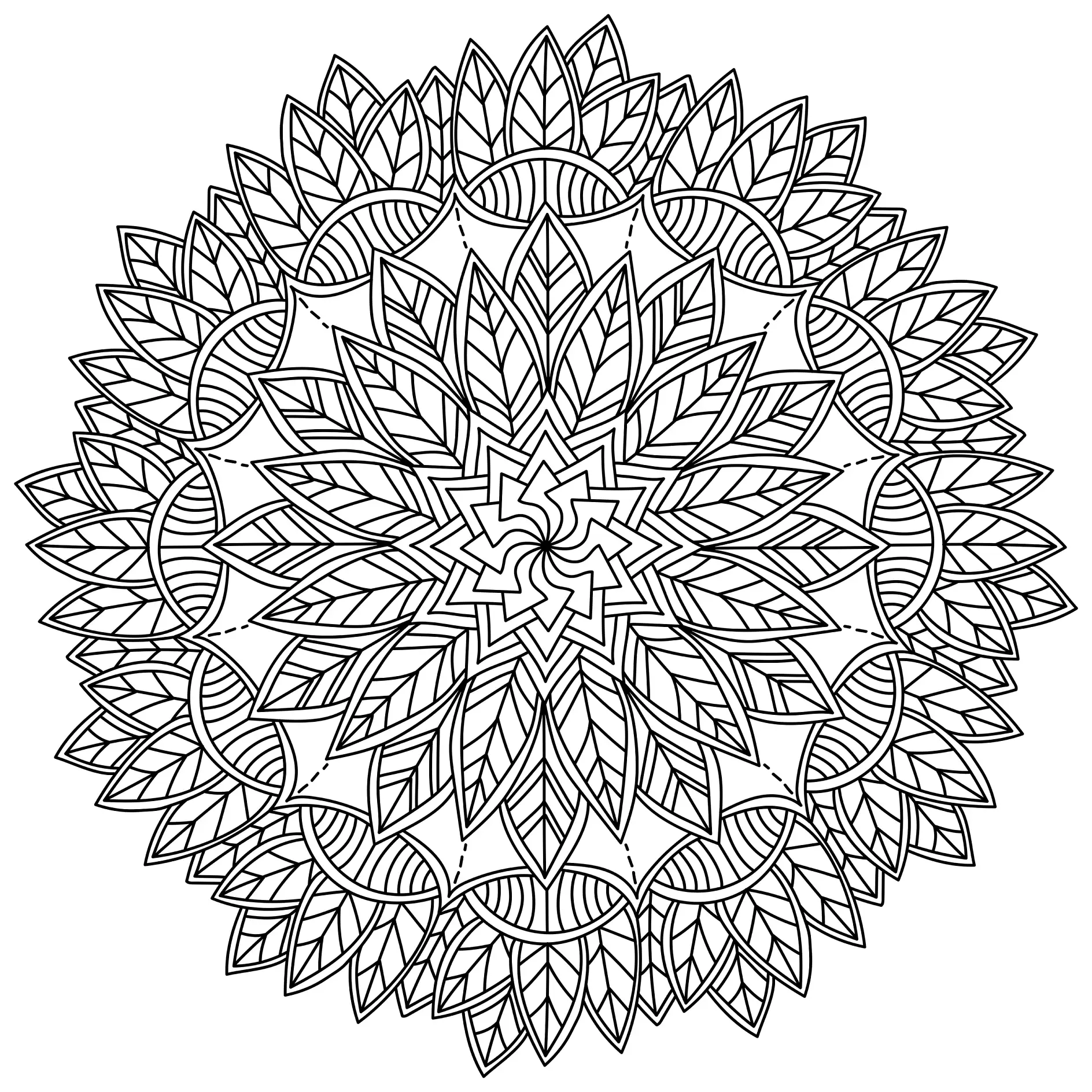 Ausmalbild Mandala mit Blättern und geometrischen Formen