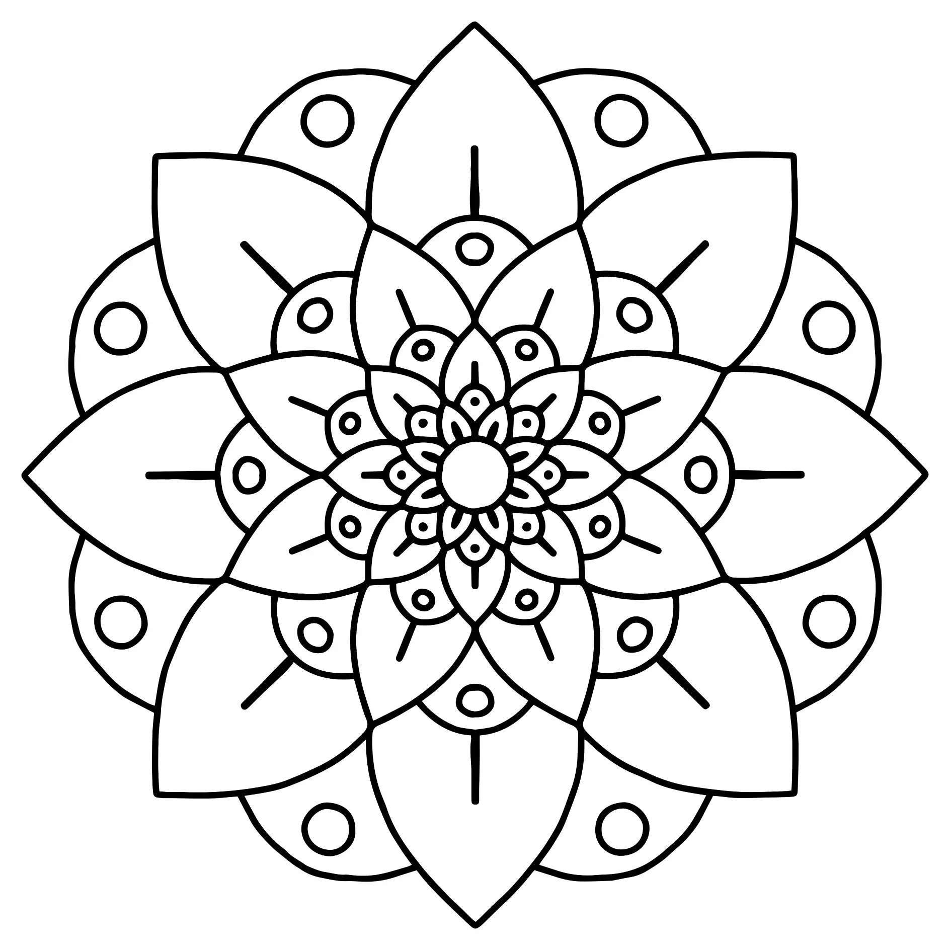 Ausmalbild Mandala mit Blattformen und Kreisen