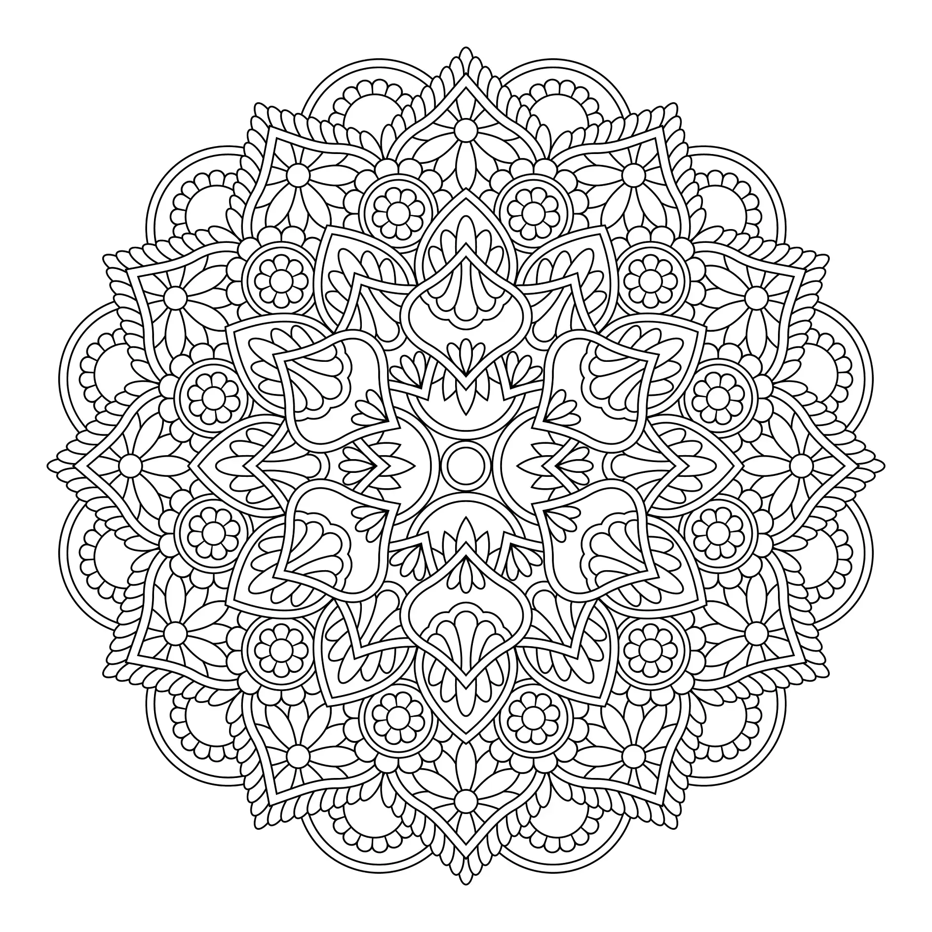 Ausmalbild Mandala mit Blüten und geometrischen Mustern