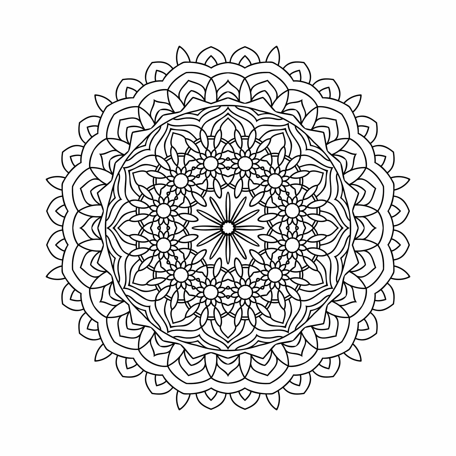 Ausmalbild Mandala mit Blüten und Kreisen