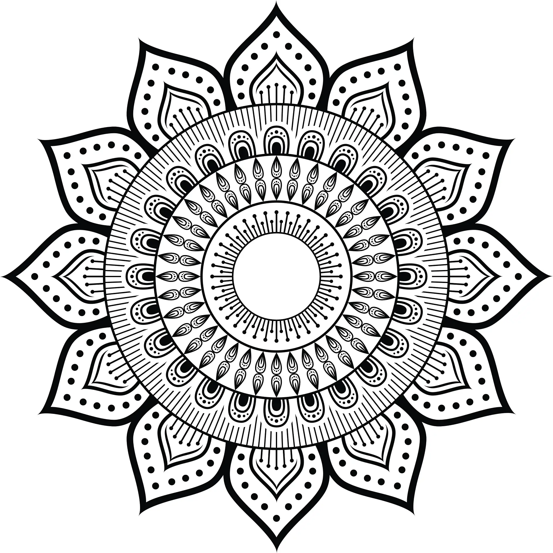 Ausmalbild Mandala mit blütenähnlichen Formen und feinen Linienmuster