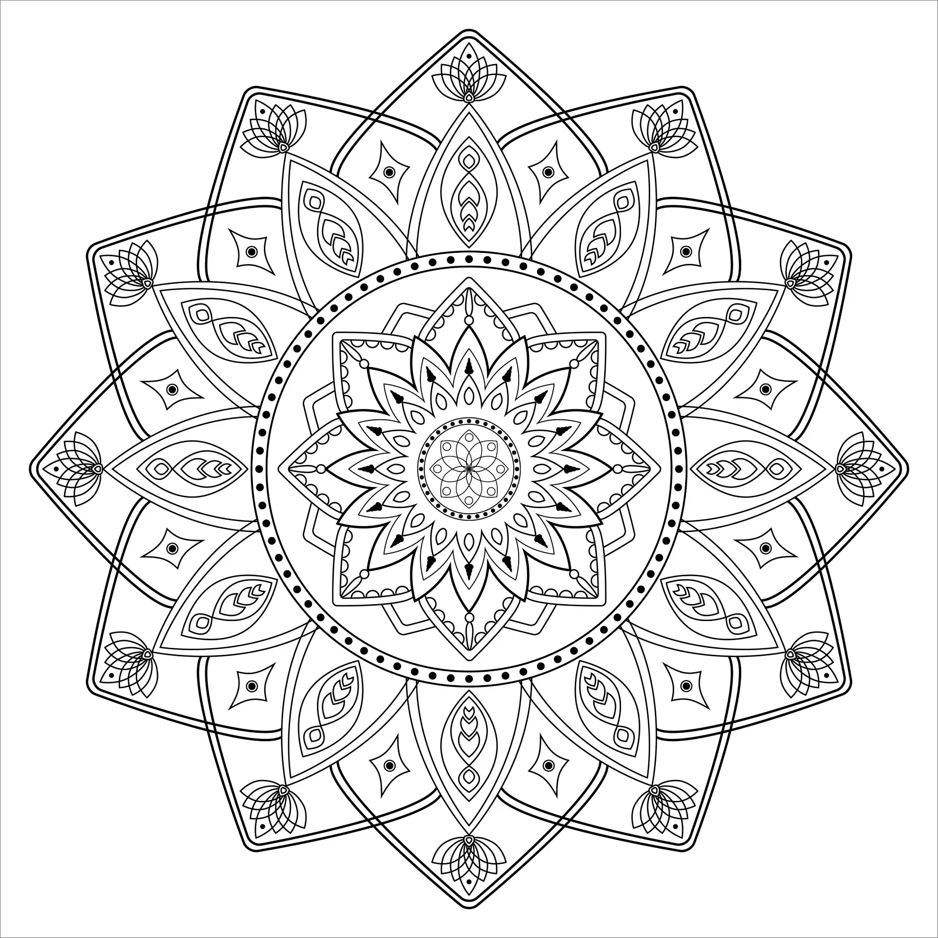 Ausmalbild Mandala mit blütenförmigen Mustern und geometrischen Elementen