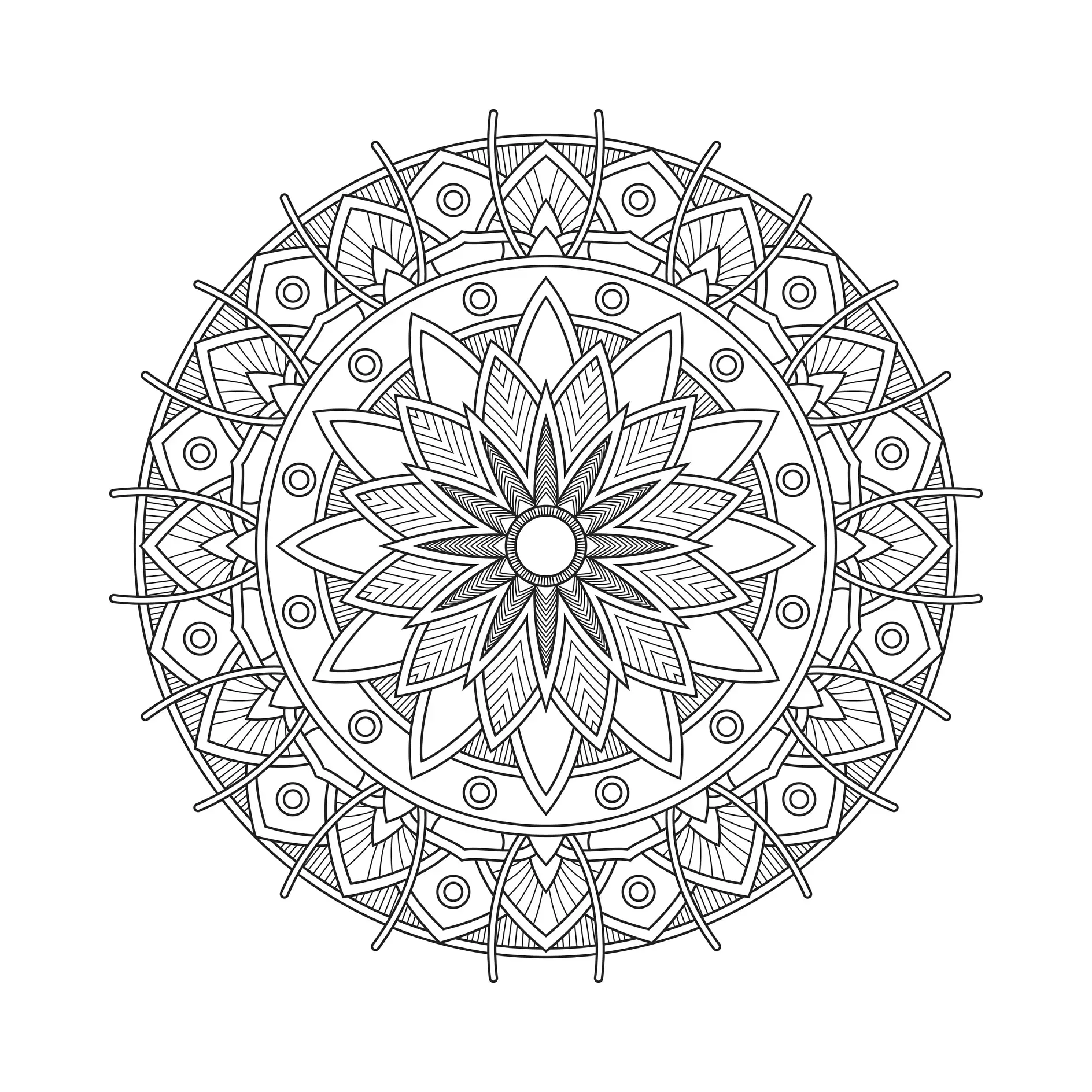 Ausmalbild Mandala mit Blume und geometrischen Mustern