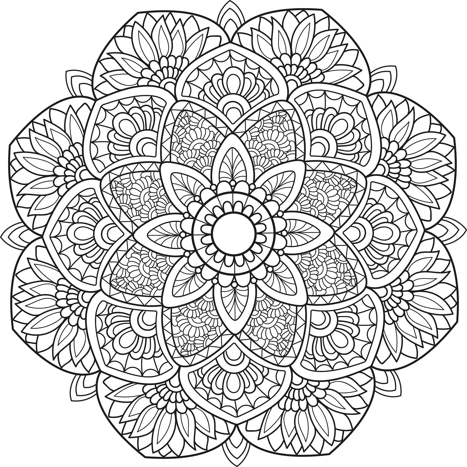 Ausmalbild Mandala mit blumenartigen Mustern