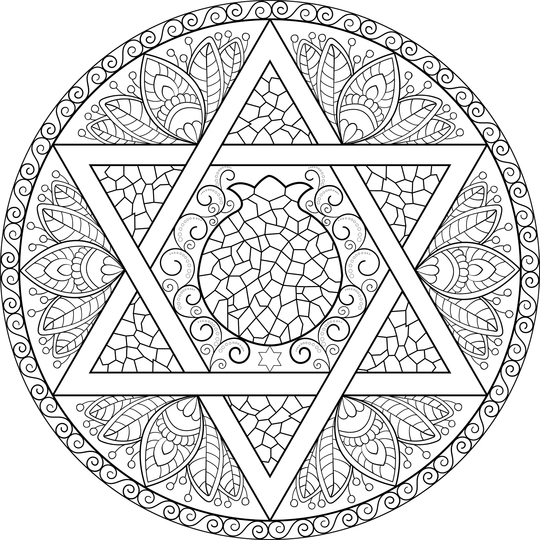 Ausmalbild Mandala mit Dreiecken und Blumenmuster