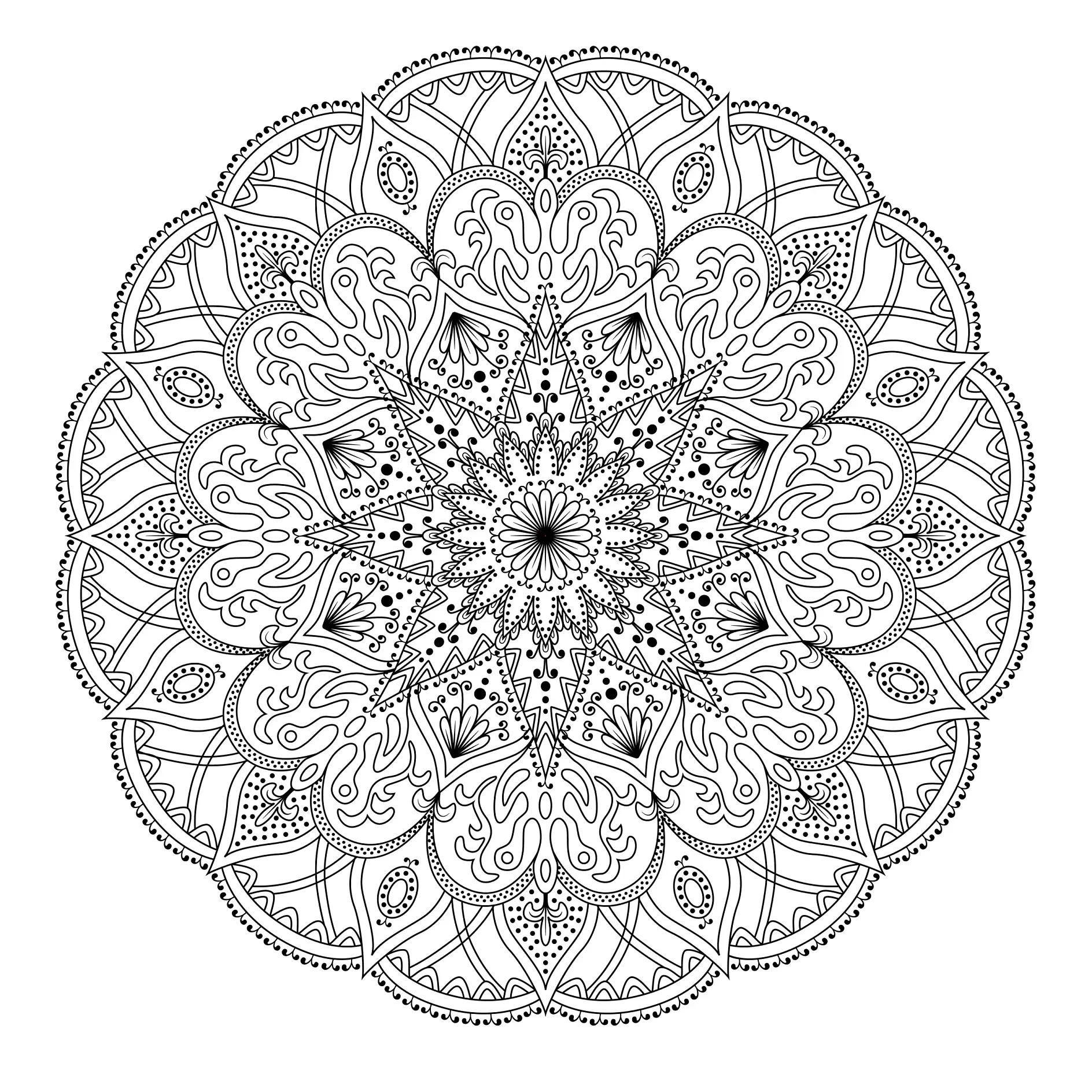 Ausmalbild Mandala mit filigranen Mustern und Blättern