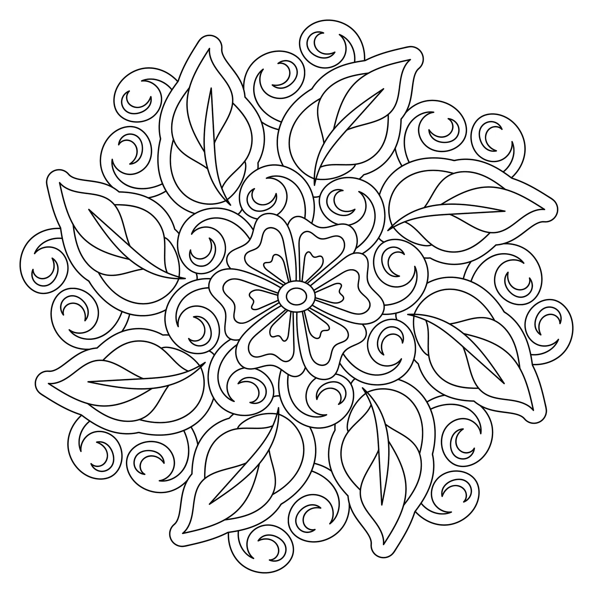 Ausmalbild Mandala mit floralen Motiven und spiralförmigen Verzierungen