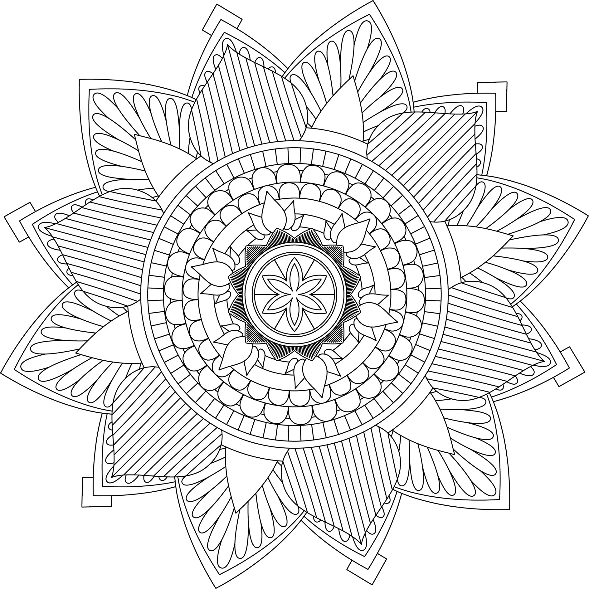 Ausmalbild Mandala mit floralen Mustern und detaillierten Blütenformen