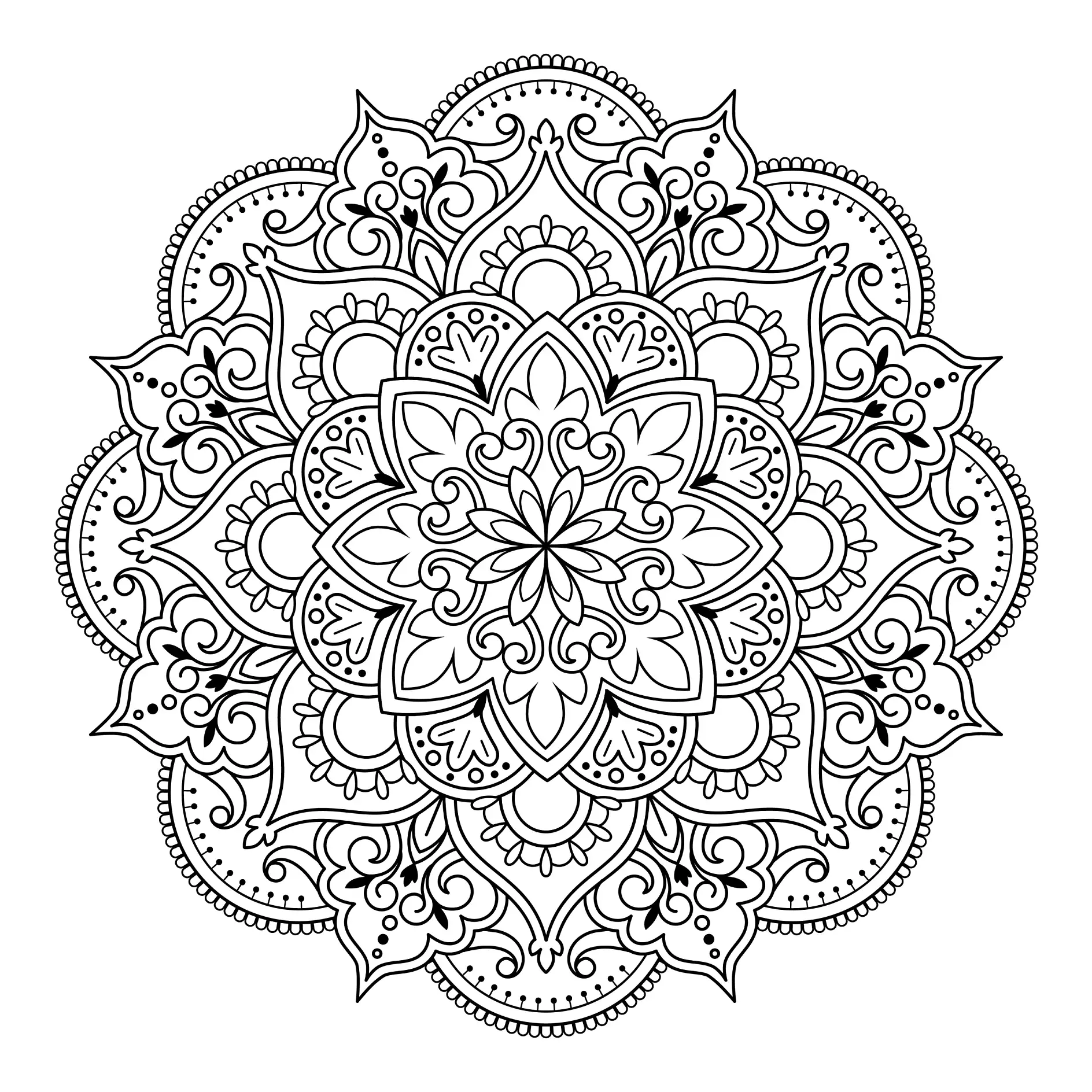 Ausmalbild Mandala mit floralen und dekorativen Mustern