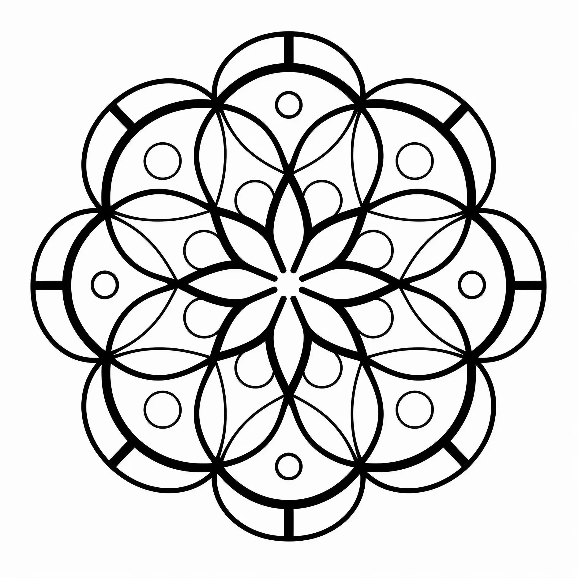 Ausmalbild Mandala mit geometrischen Kreisen und Blättern