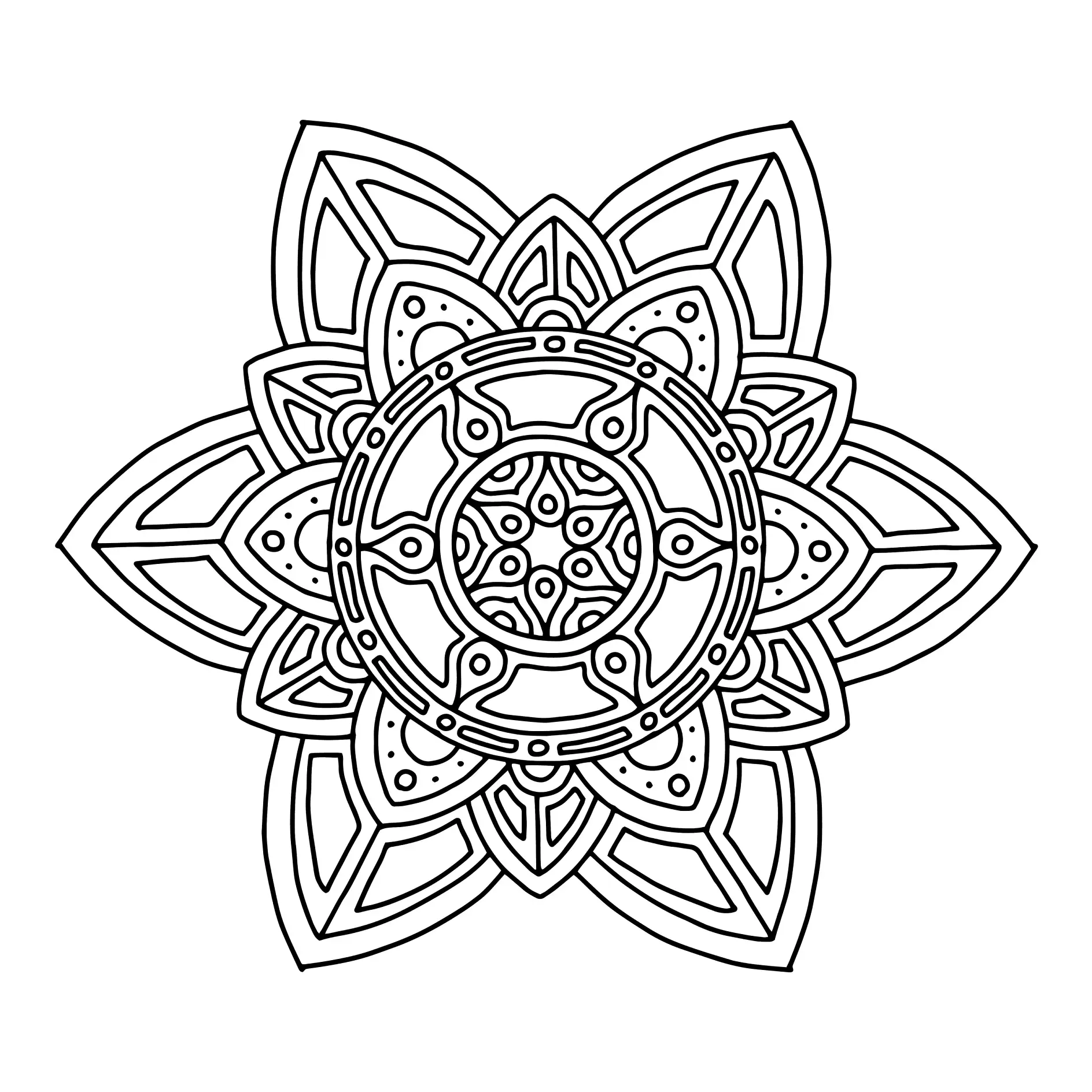 Ausmalbild Mandala mit geometrischen und floralen Mustern