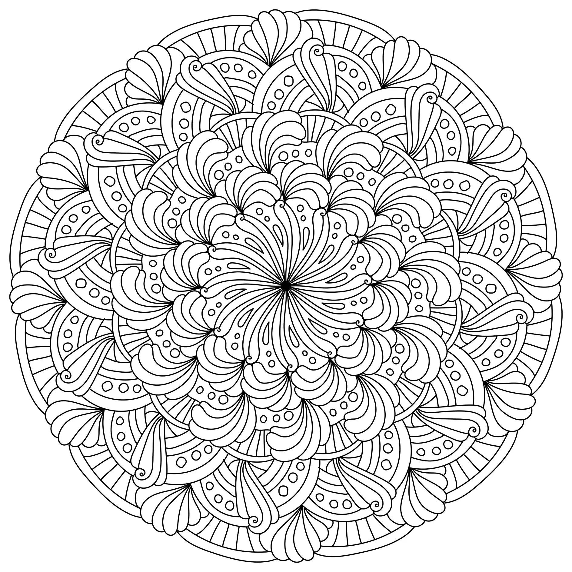 Ausmalbild Mandala mit geschwungenen Linien und Blättern