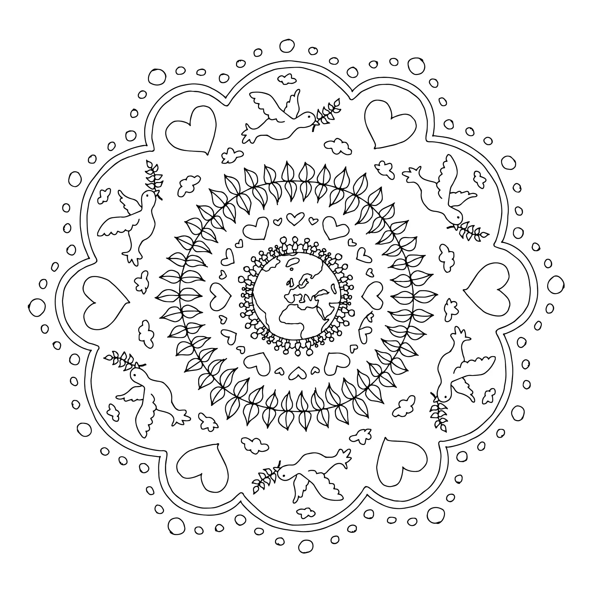 Ausmalbild Mandala mit Herzen und Tauben
