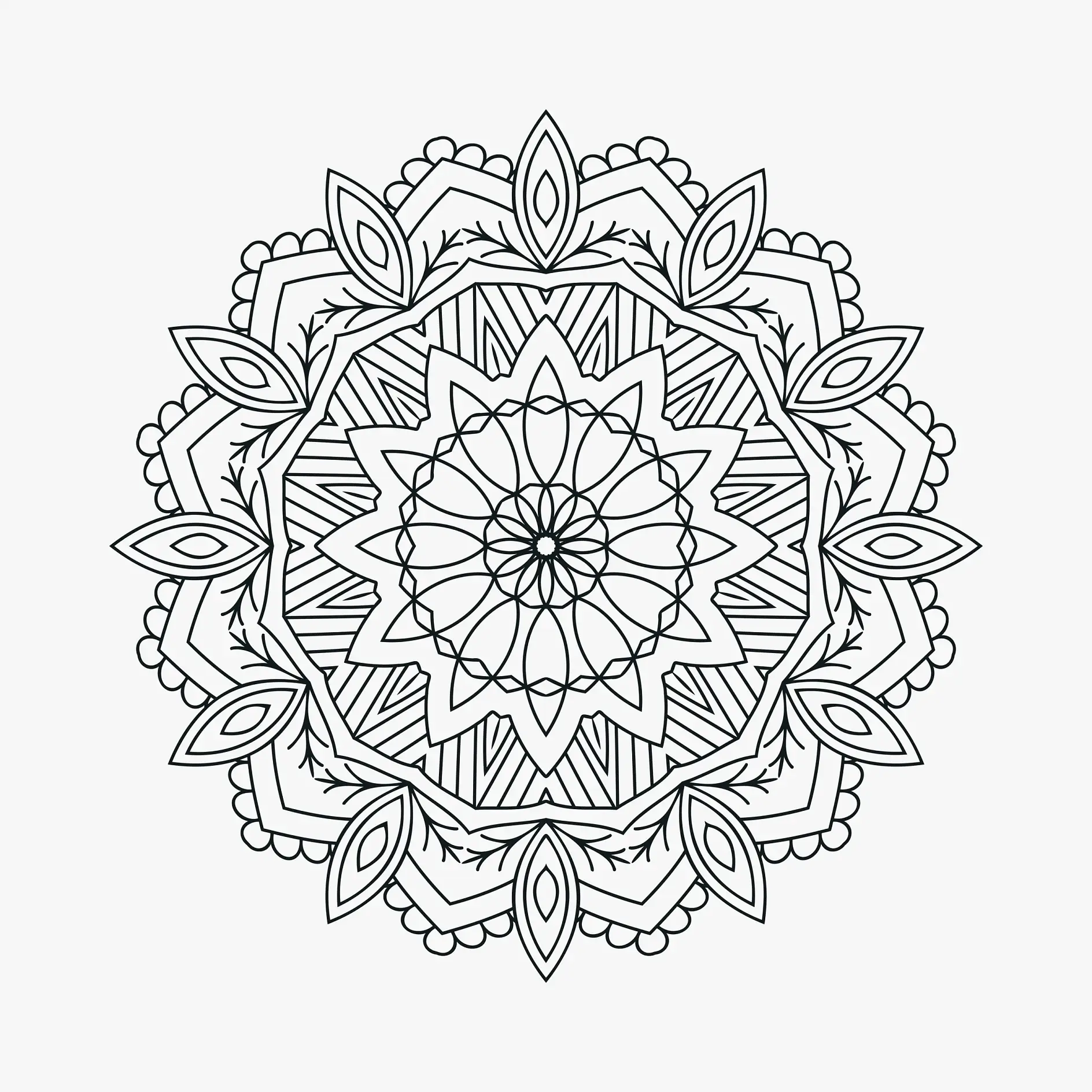 Ausmalbild Mandala mit komplexem Blätterdesign