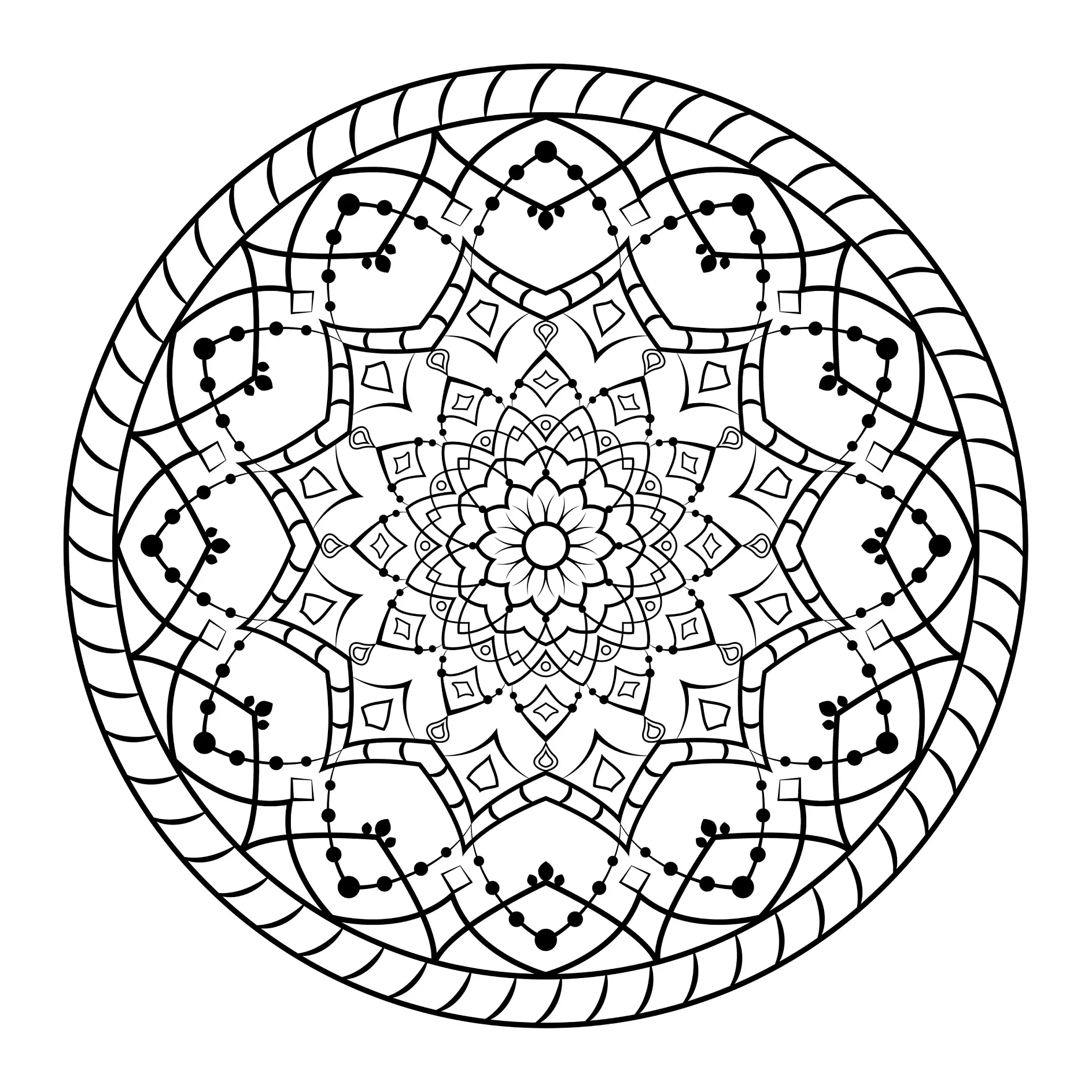 Ausmalbild Mandala mit komplexen geometrischen Mustern und Punkten