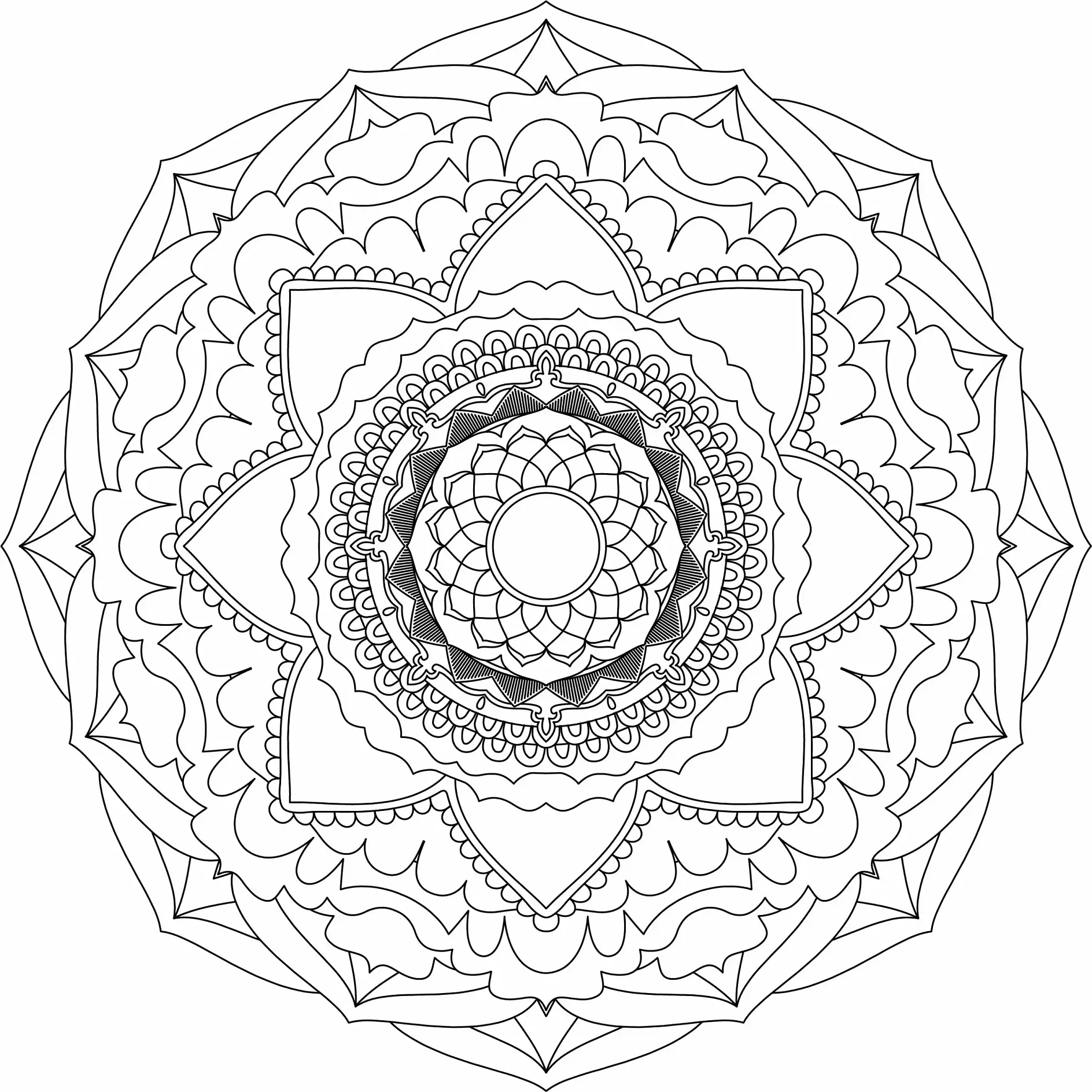 Ausmalbild Mandala mit Kreisen und floralen Elementen