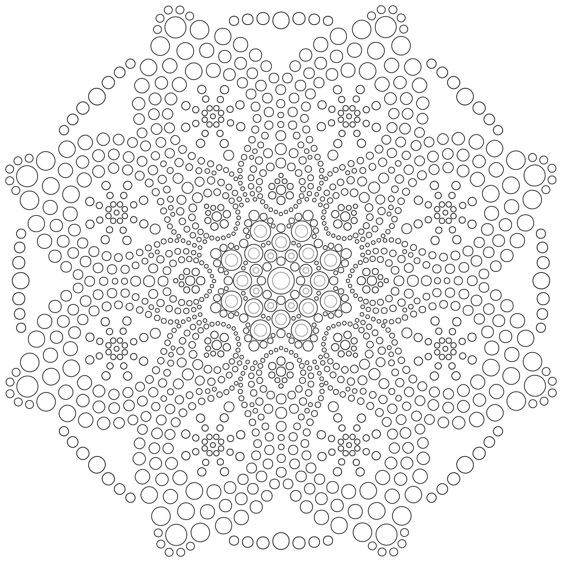 Ausmalbild Mandala mit Kreismustern und symmetrischen Formen
