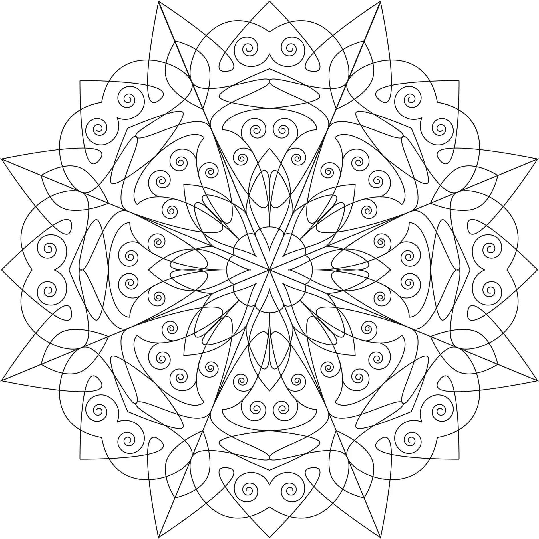 Ausmalbild Mandala mit Spiralen und Blütenmuster