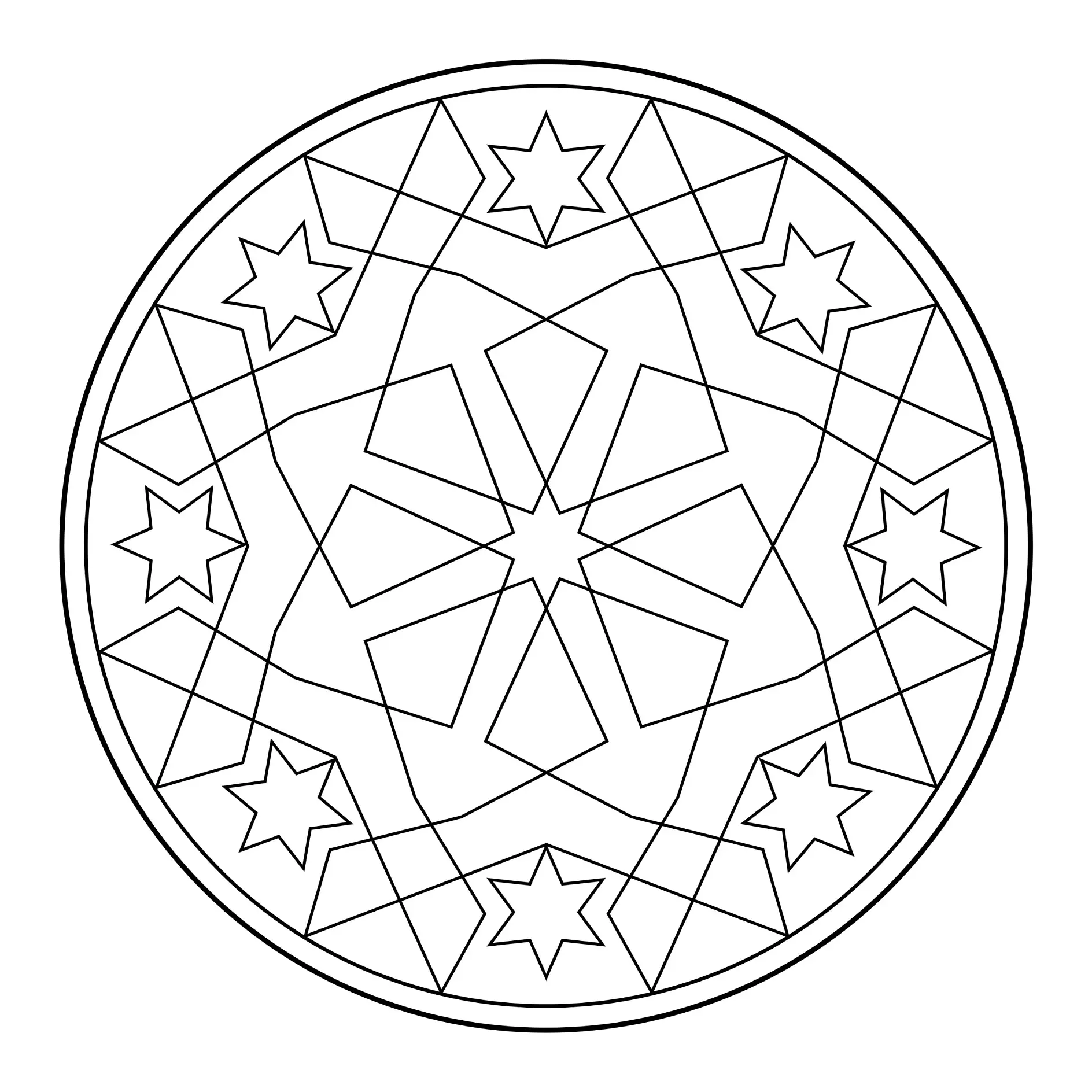 Ausmalbild Mandala mit Sternen und geometrischen Mustern