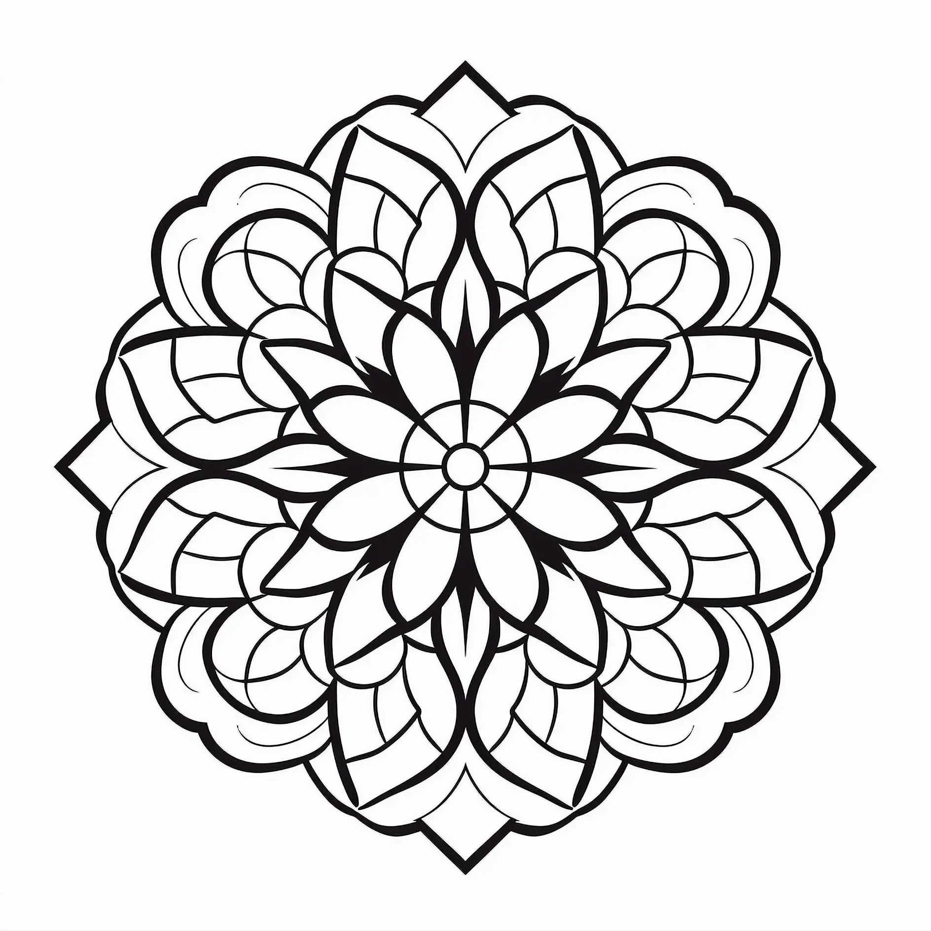 Ausmalbild Mandala mit symmetrischem Blütenmuster