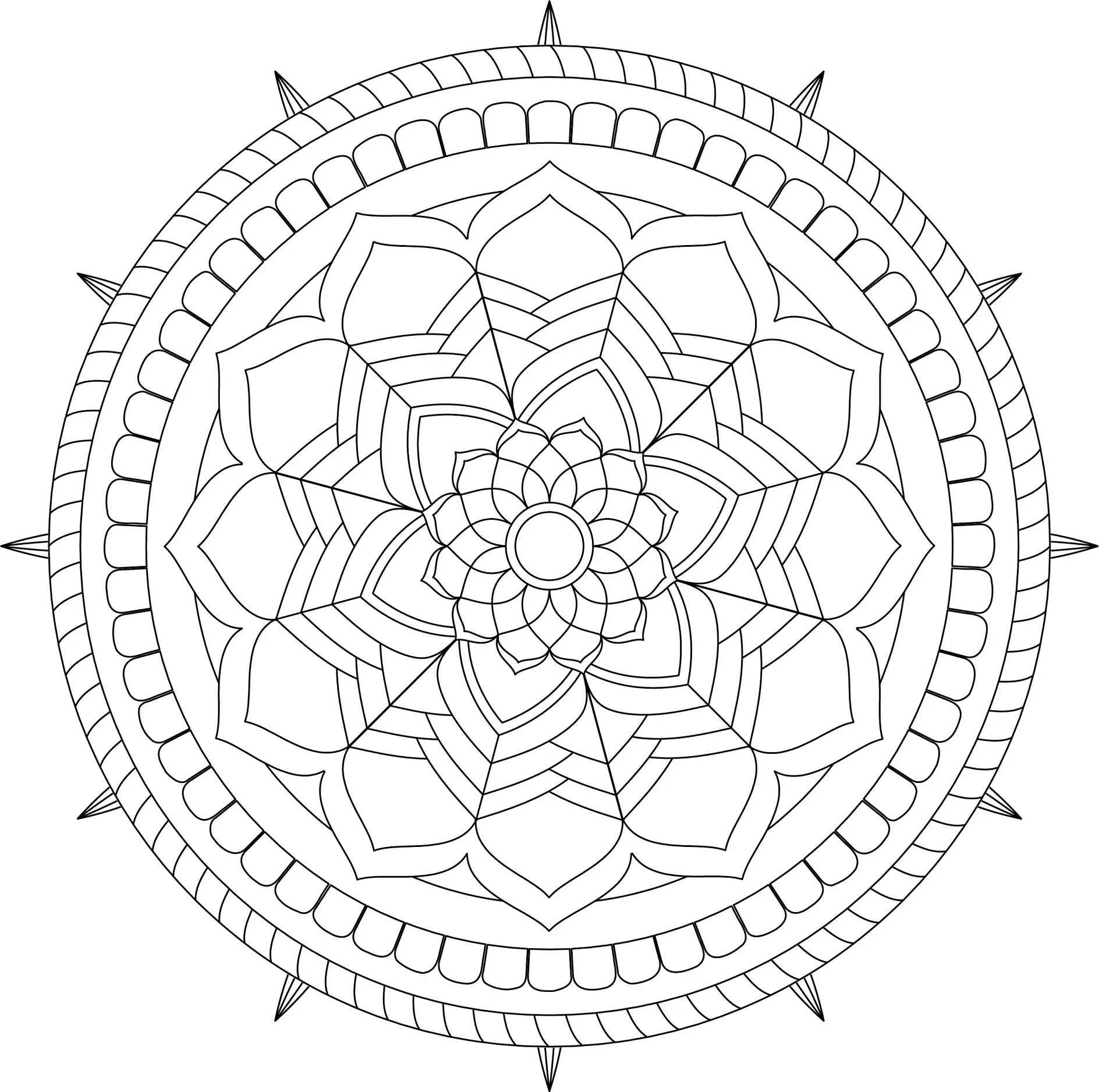 Ausmalbild Mandala mit symmetrischen Blütenblättern und geometrischen Mustern