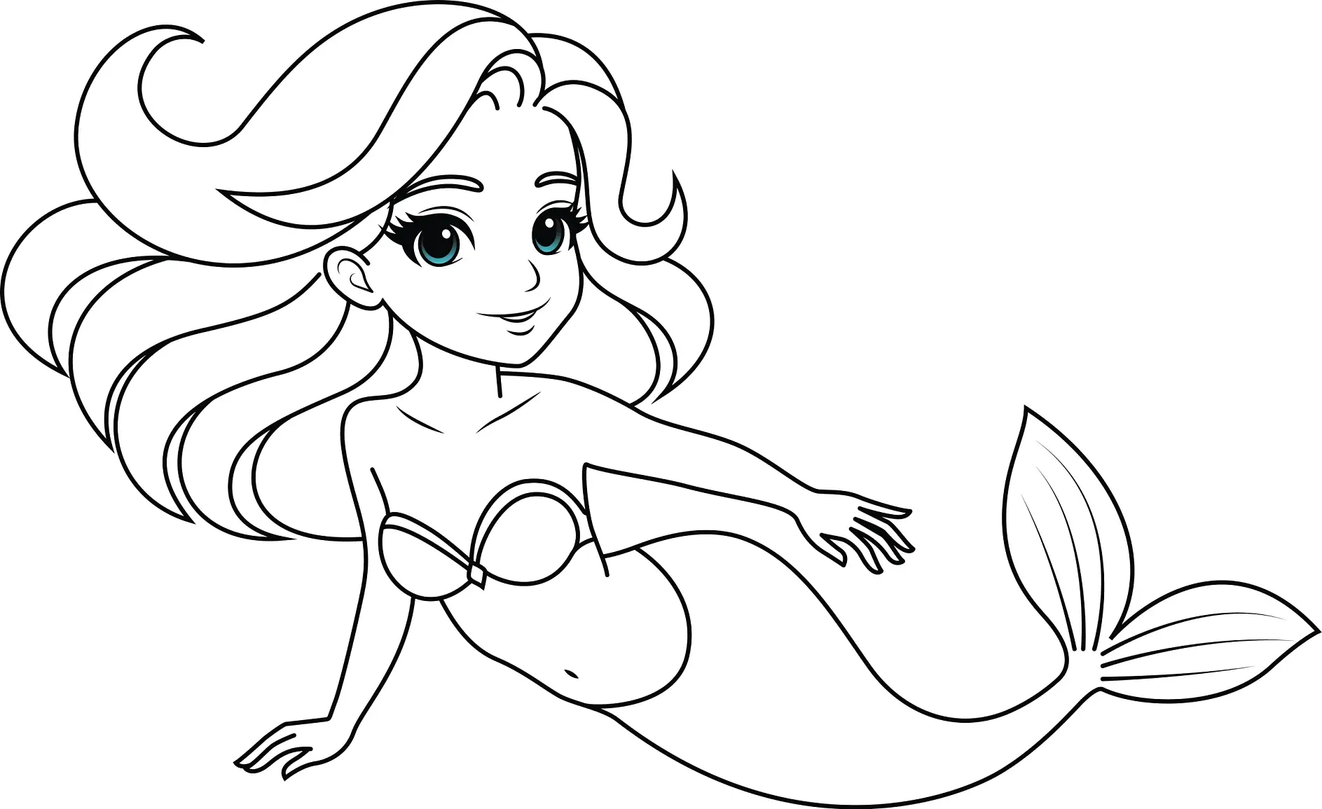 Ausmalbild Meerjungfrau schwimmt mit welligem Haar und lächelt