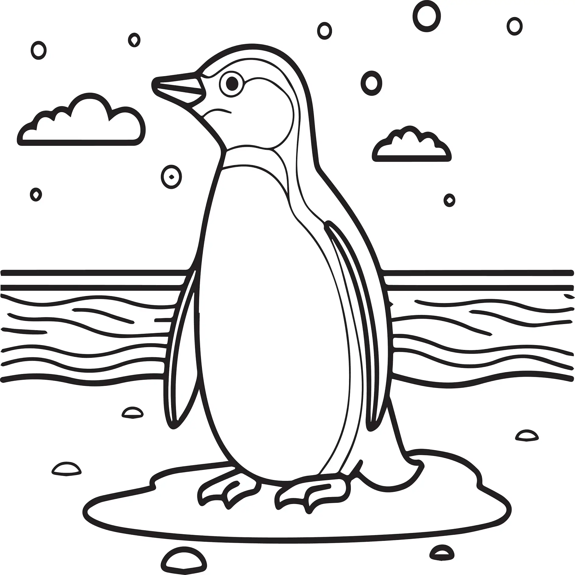 Ausmalbild Pinguin auf einer Eisscholle im Meer