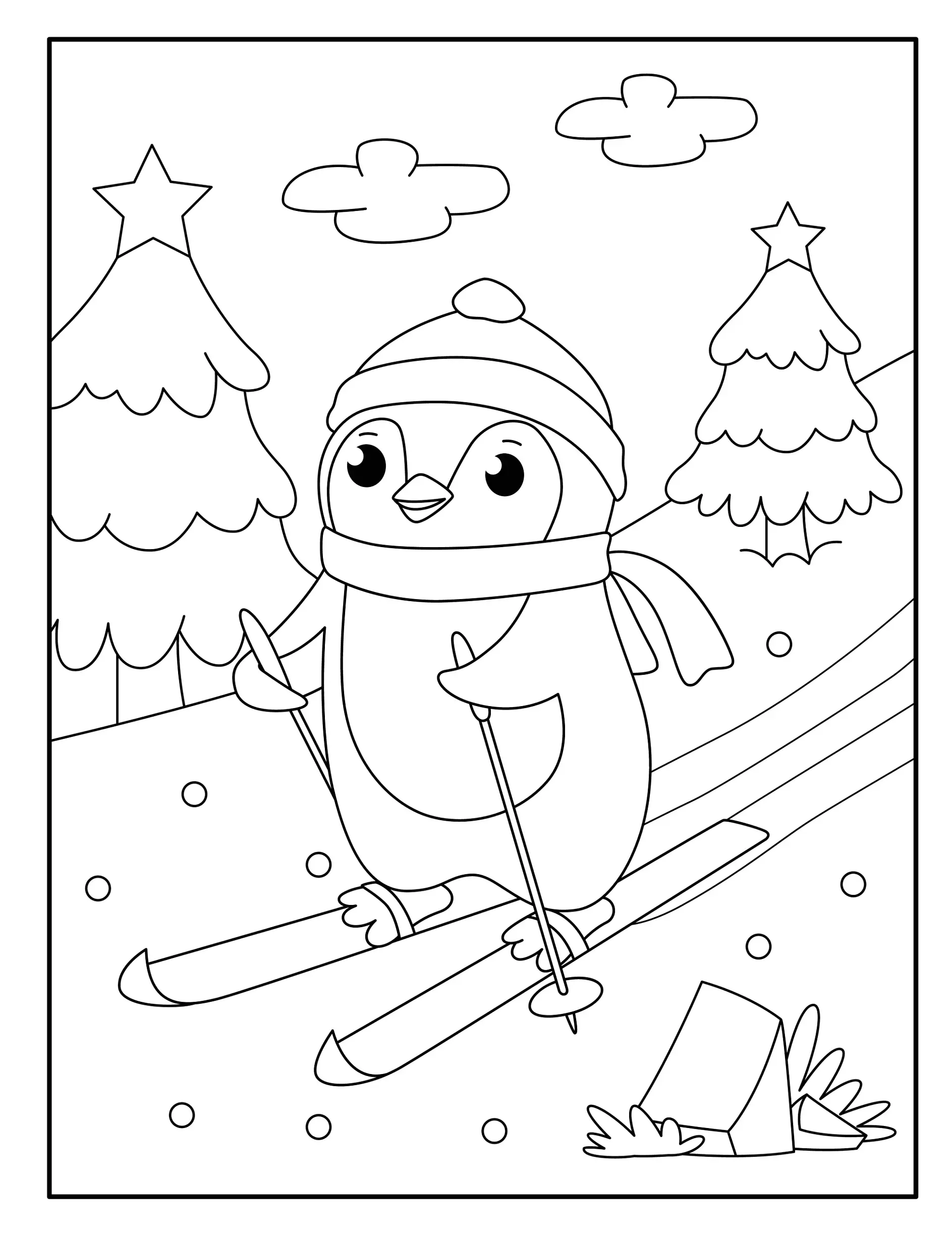 Ausmalbild Pinguin fährt Ski im Winterwald