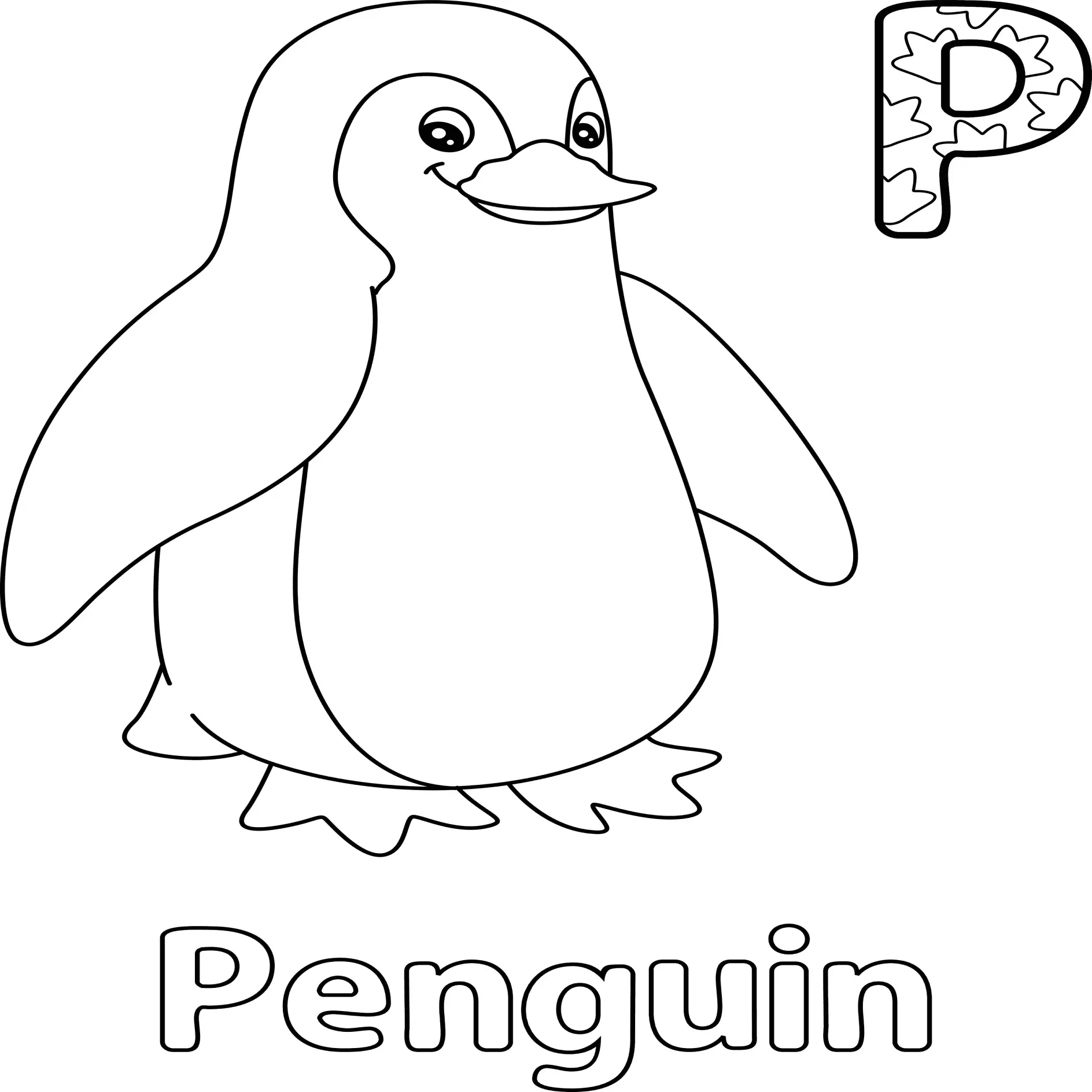 Ausmalbild Pinguin mit Buchstabe P und dem Wort "Penguin"