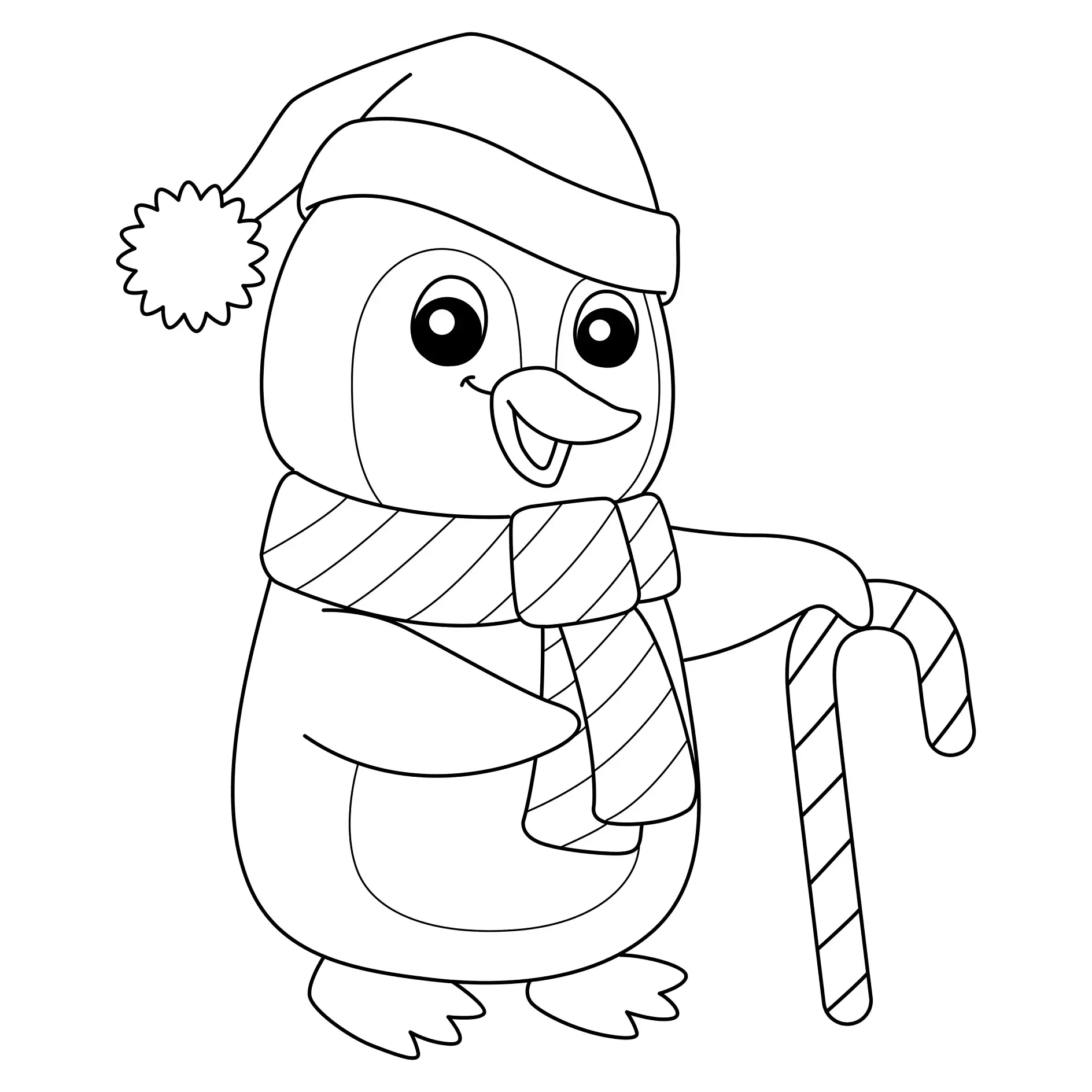 Ausmalbild Pinguin mit Weihnachtsmütze und Zuckerstange