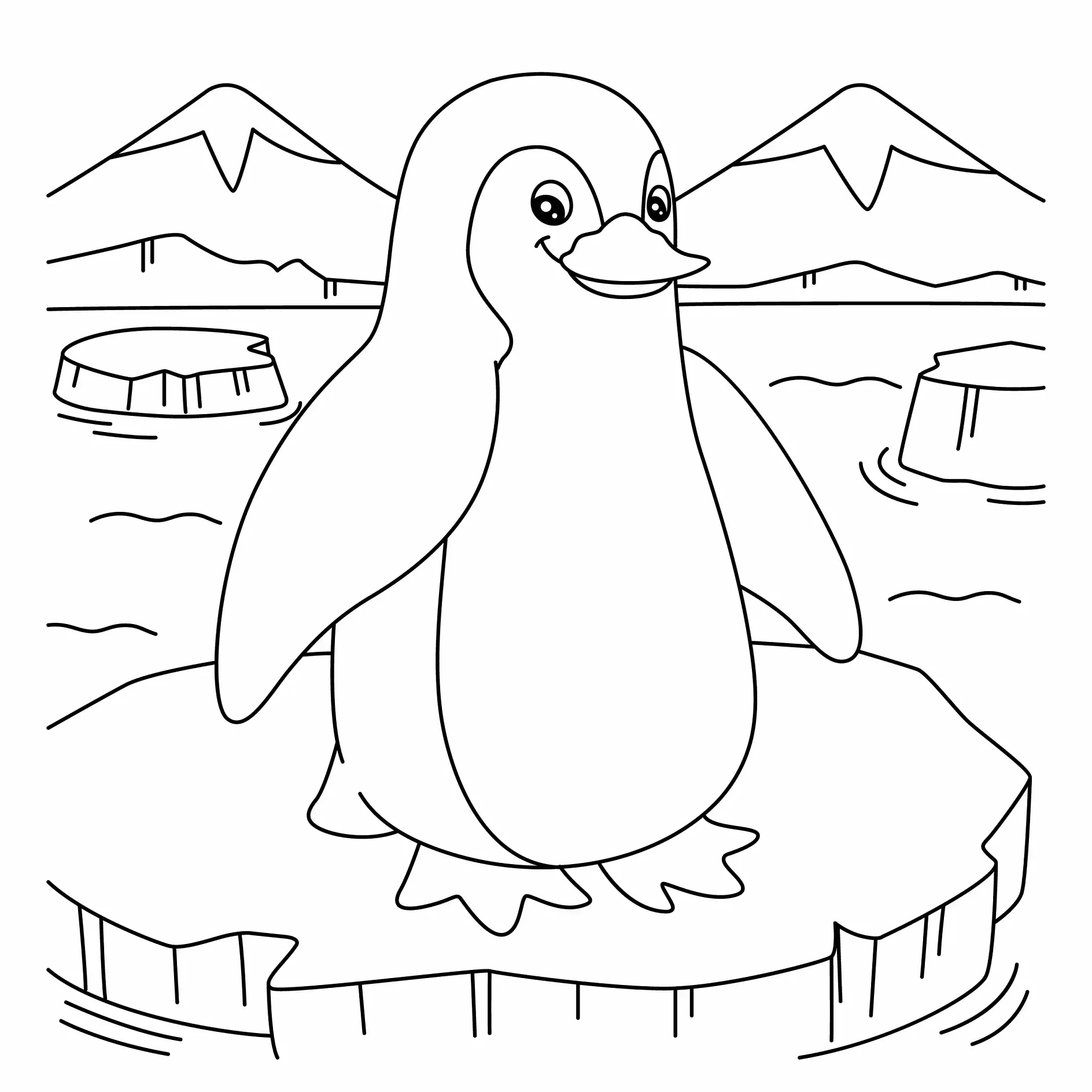Ausmalbild Pinguin steht auf Eisscholle in arktischer Landschaft