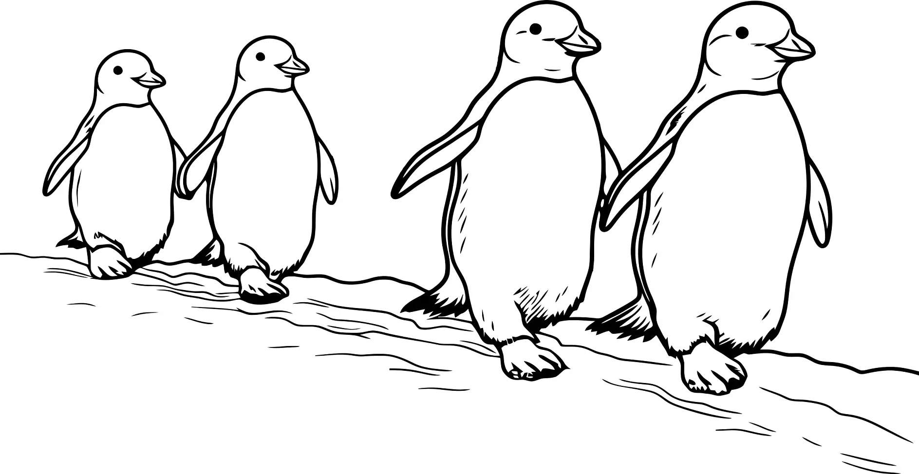 Ausmalbild Pinguine laufen in einer Reihe auf dem Eis