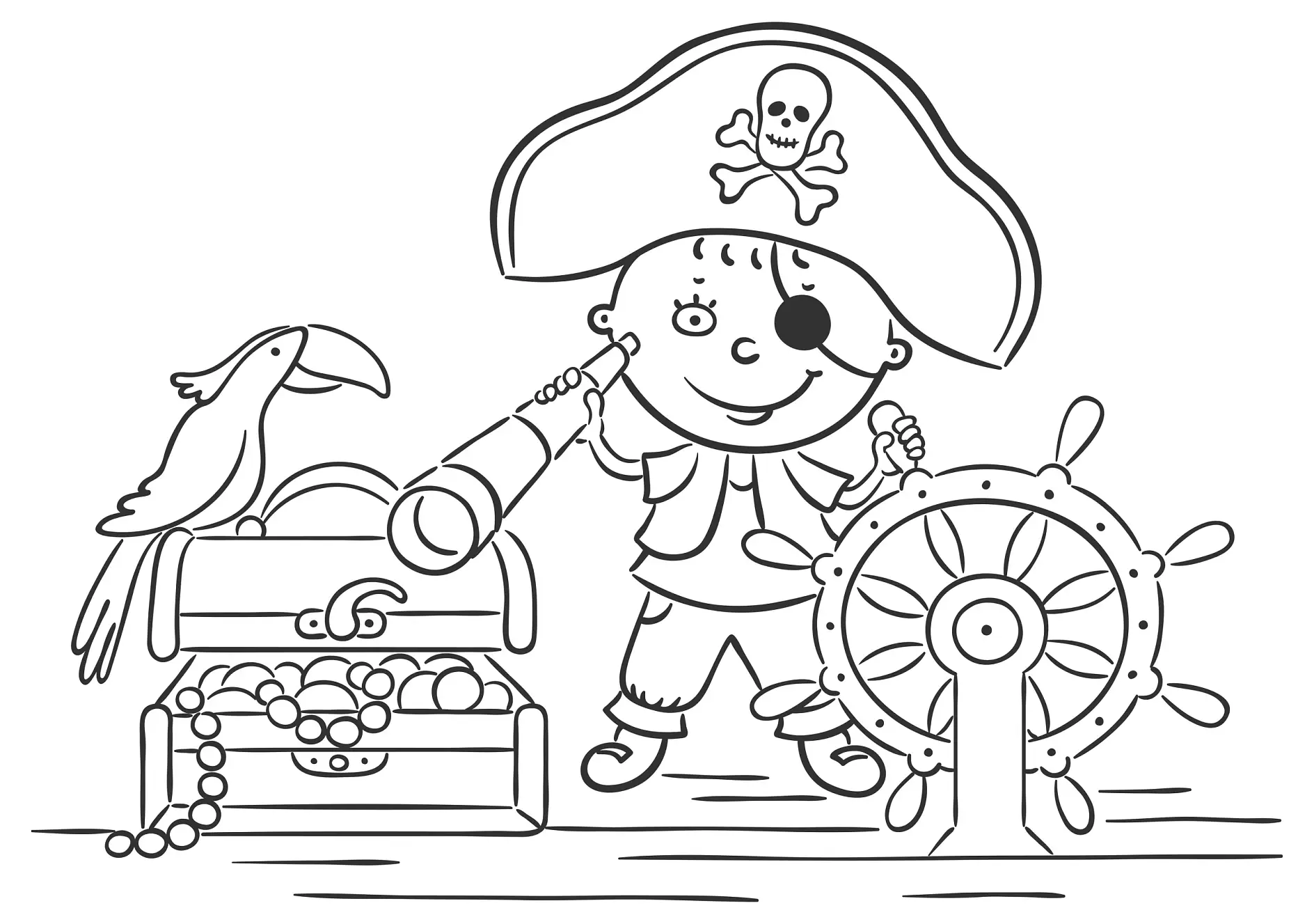 Ausmalbild Pirat mit Schatzkiste und Papagei am Steuerrad