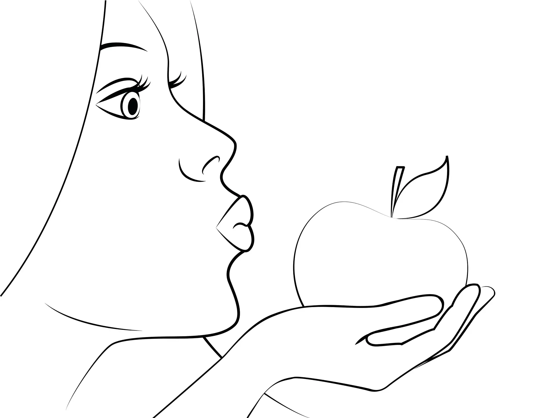 Ausmalbild Schneewittchen hält einen Apfel in der Hand