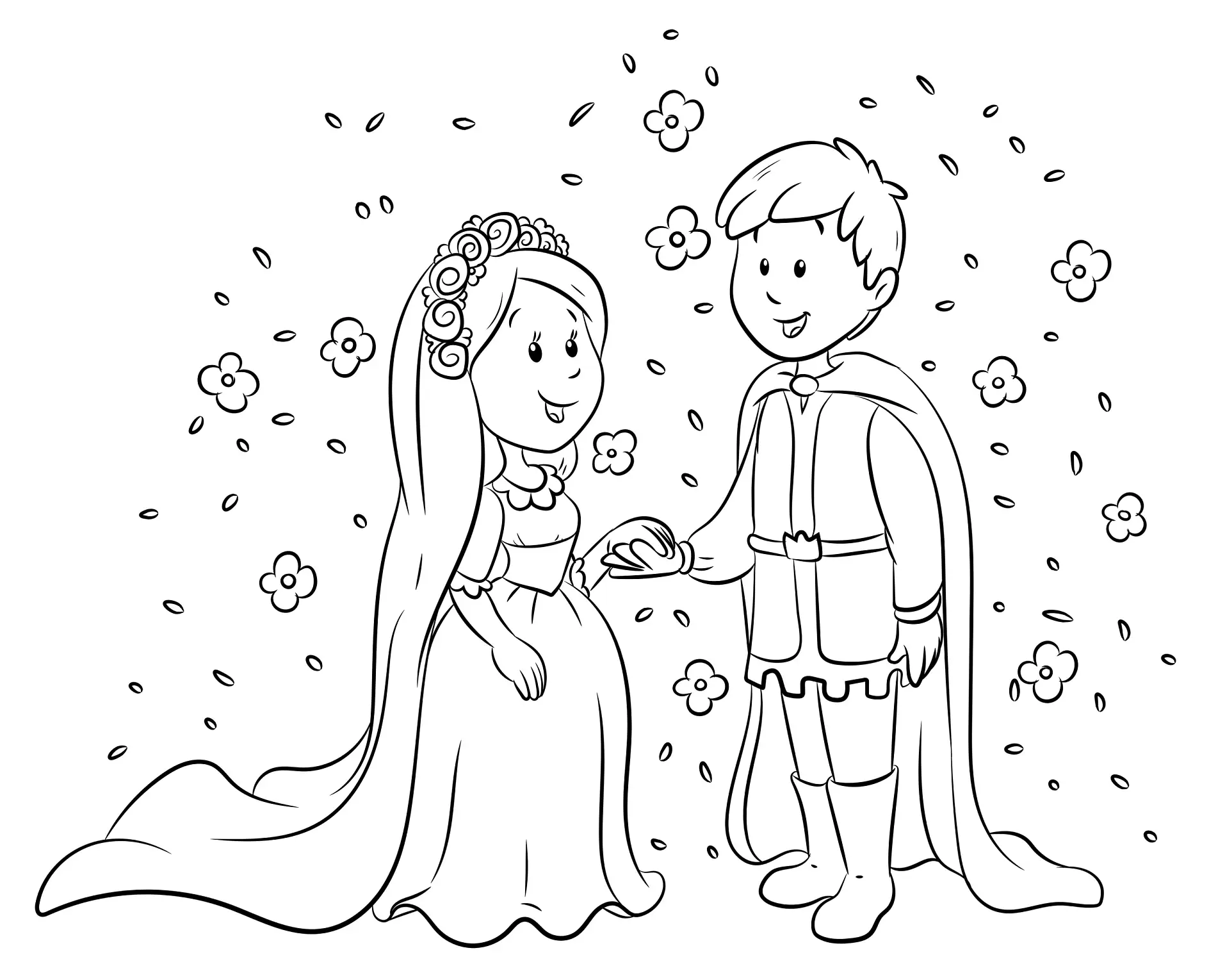 Ausmalbild Schneewittchen und Prinz umgeben von Blumen