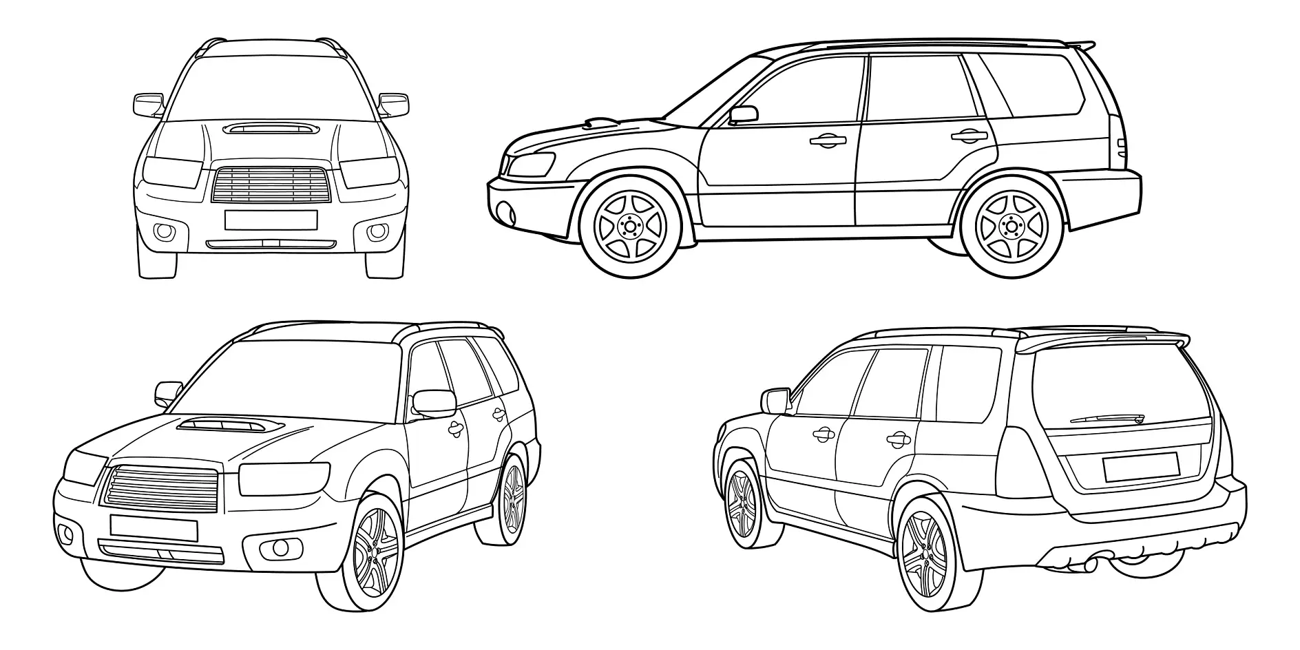 Ausmalbild verschiedene SUVs aus unterschiedlichen Blickwinkeln
