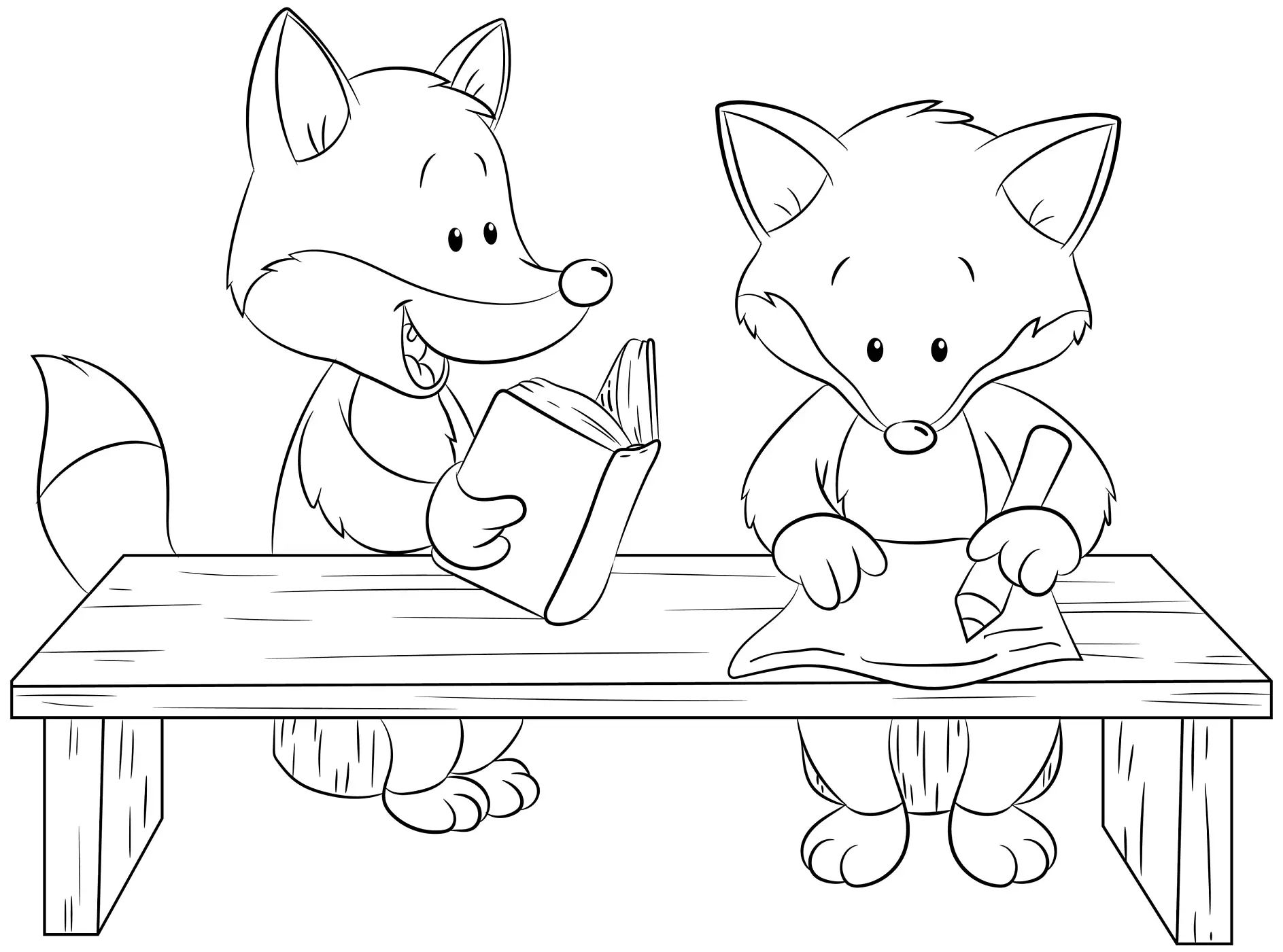 Ausmalbild zwei Füchse arbeiten gemeinsam am Tisch