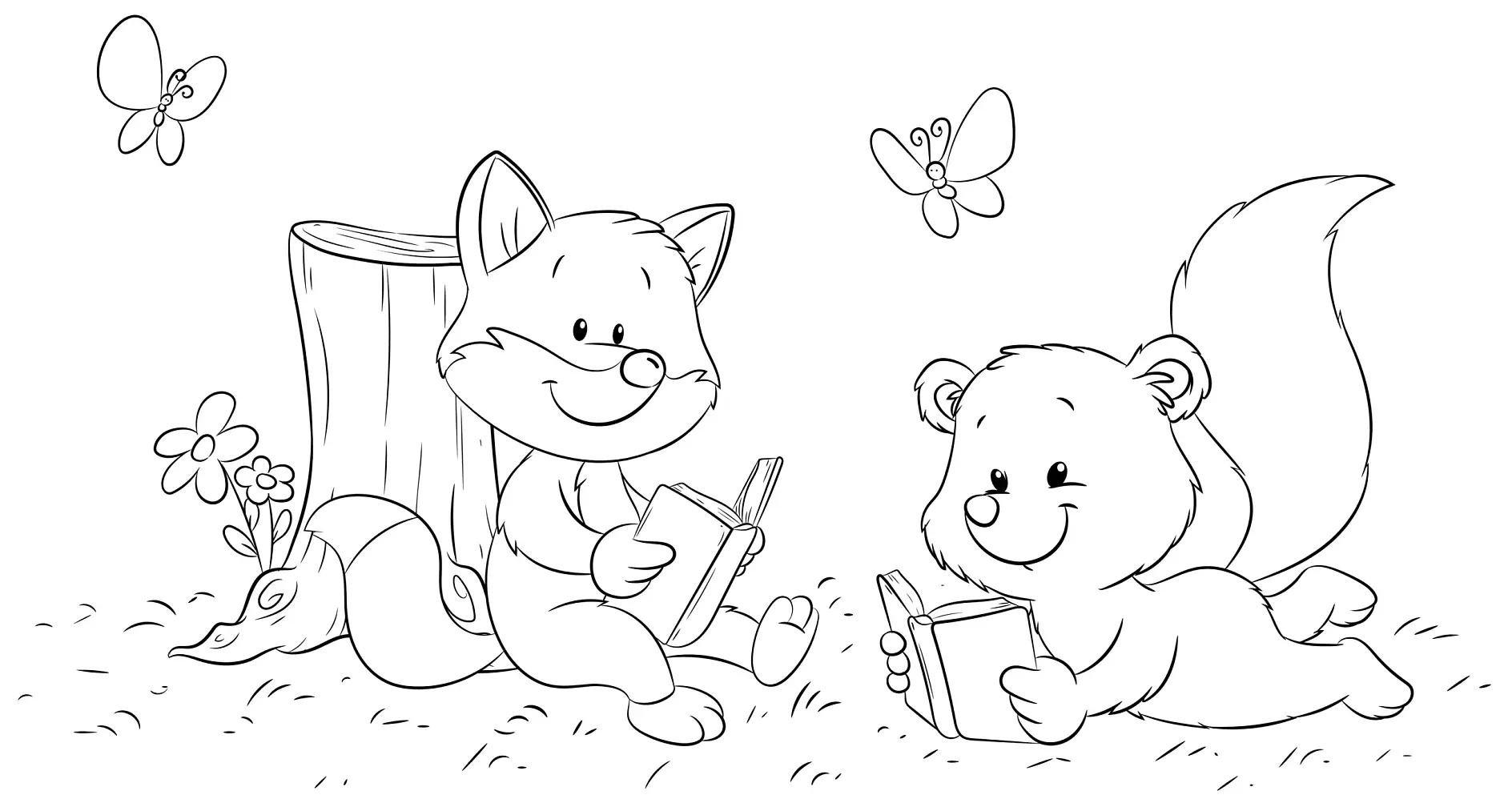 Ausmalbild zwei Füchse lesen Bücher im Gras