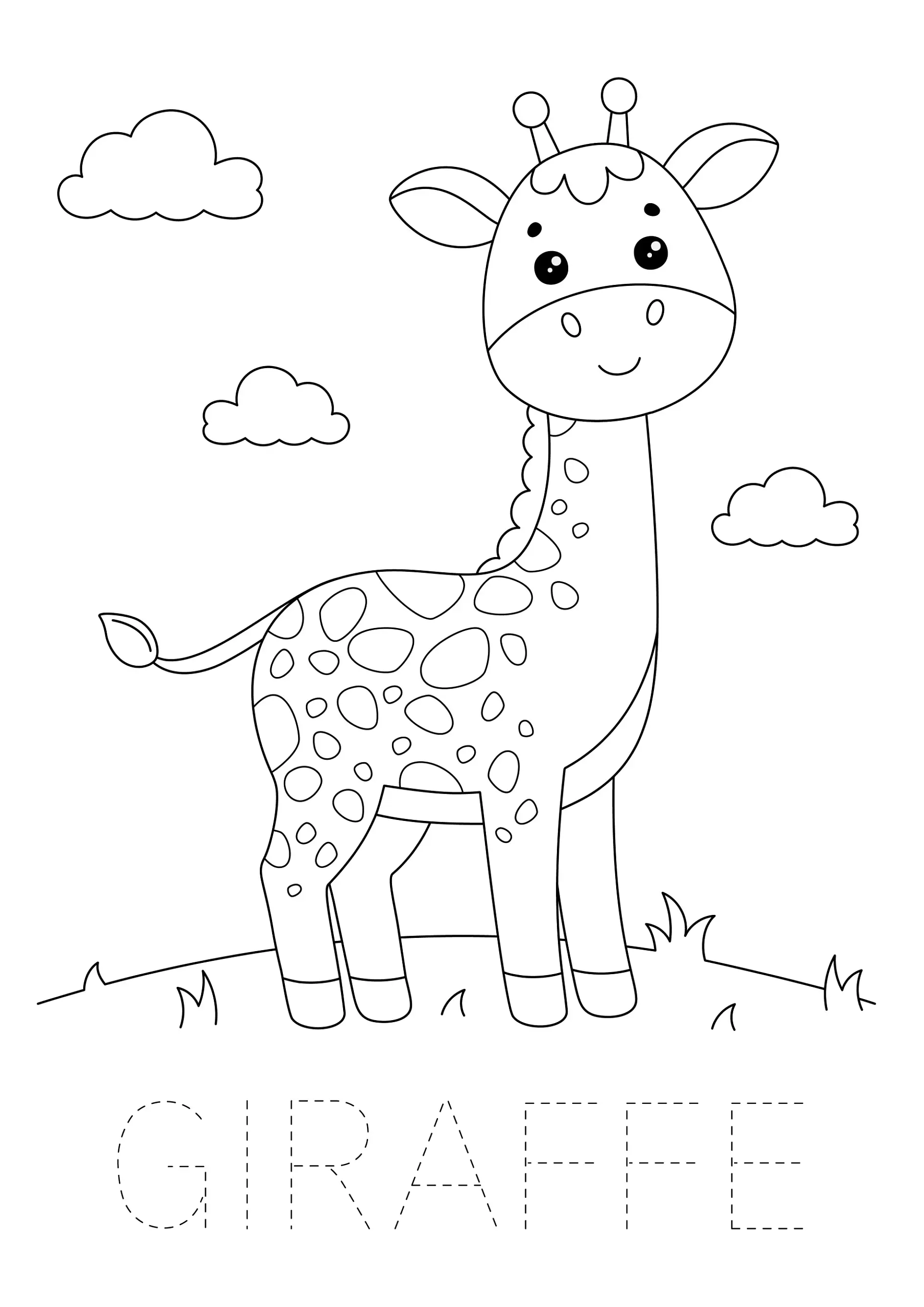 Ausmalbild Giraffe steht auf Wiese mit Wolken im Hintergrund