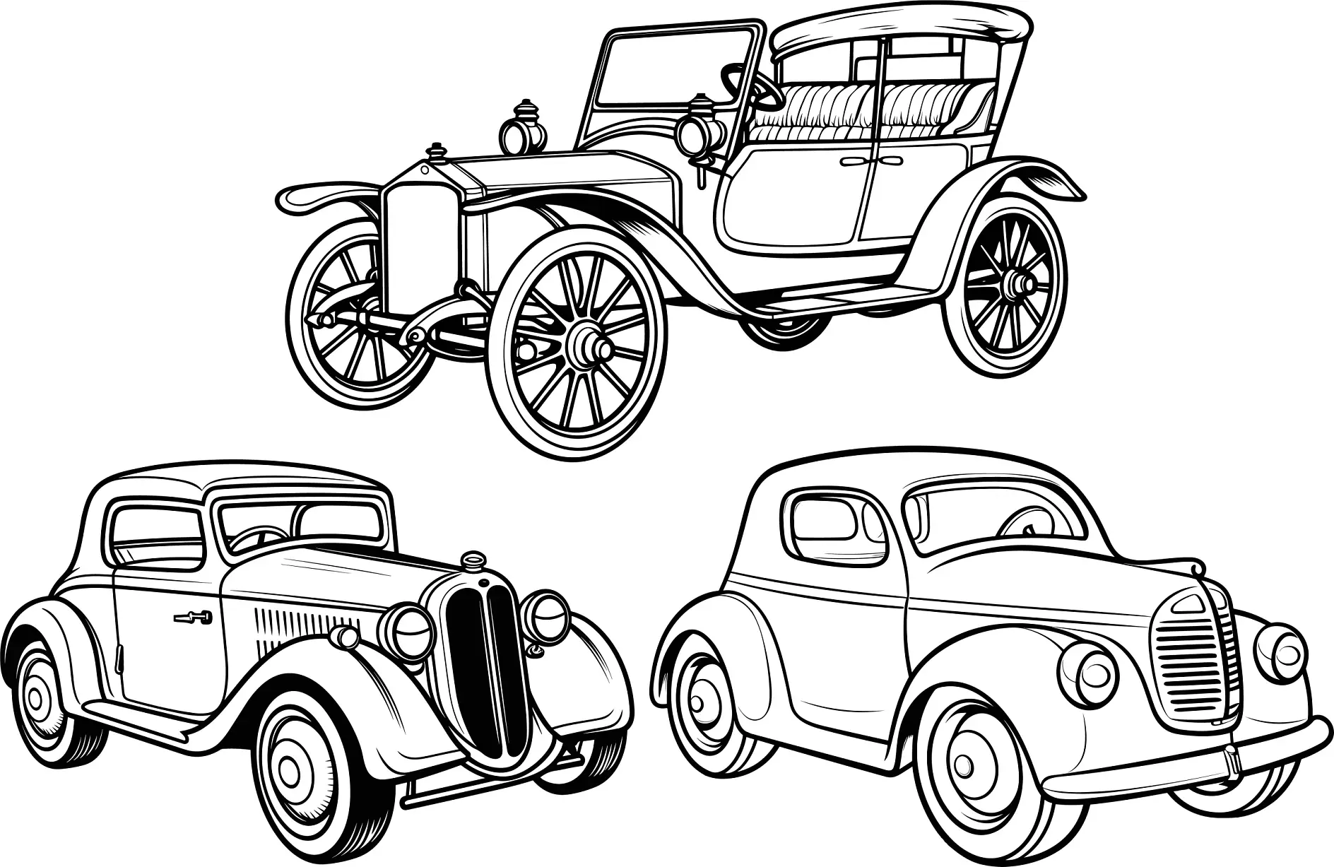 Ausmalbild Autosammlung von historischen Fahrzeugen